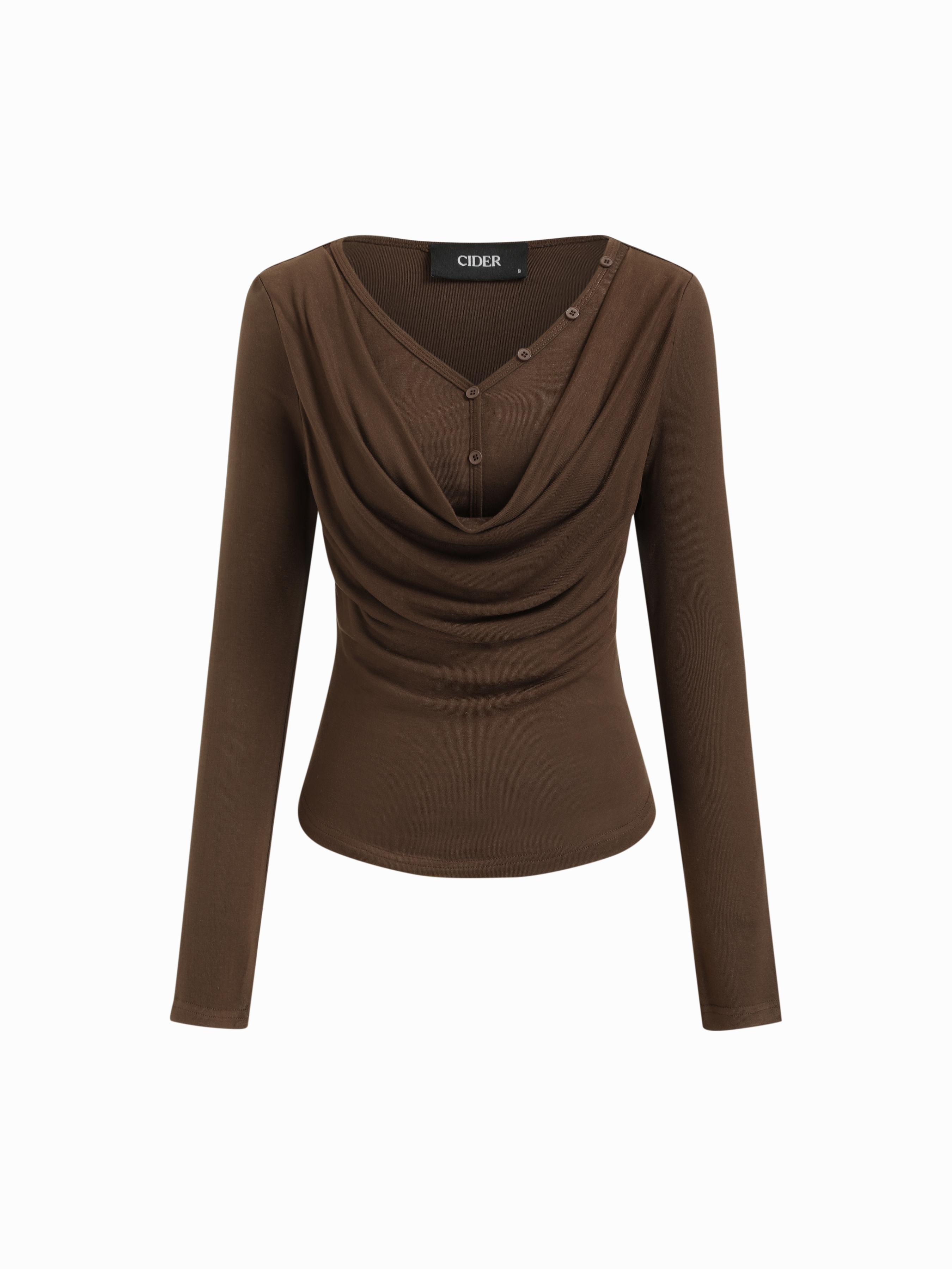 V-neck Solid Ruched Draped Cinched Waist Long Sleeve Tee by CIDER