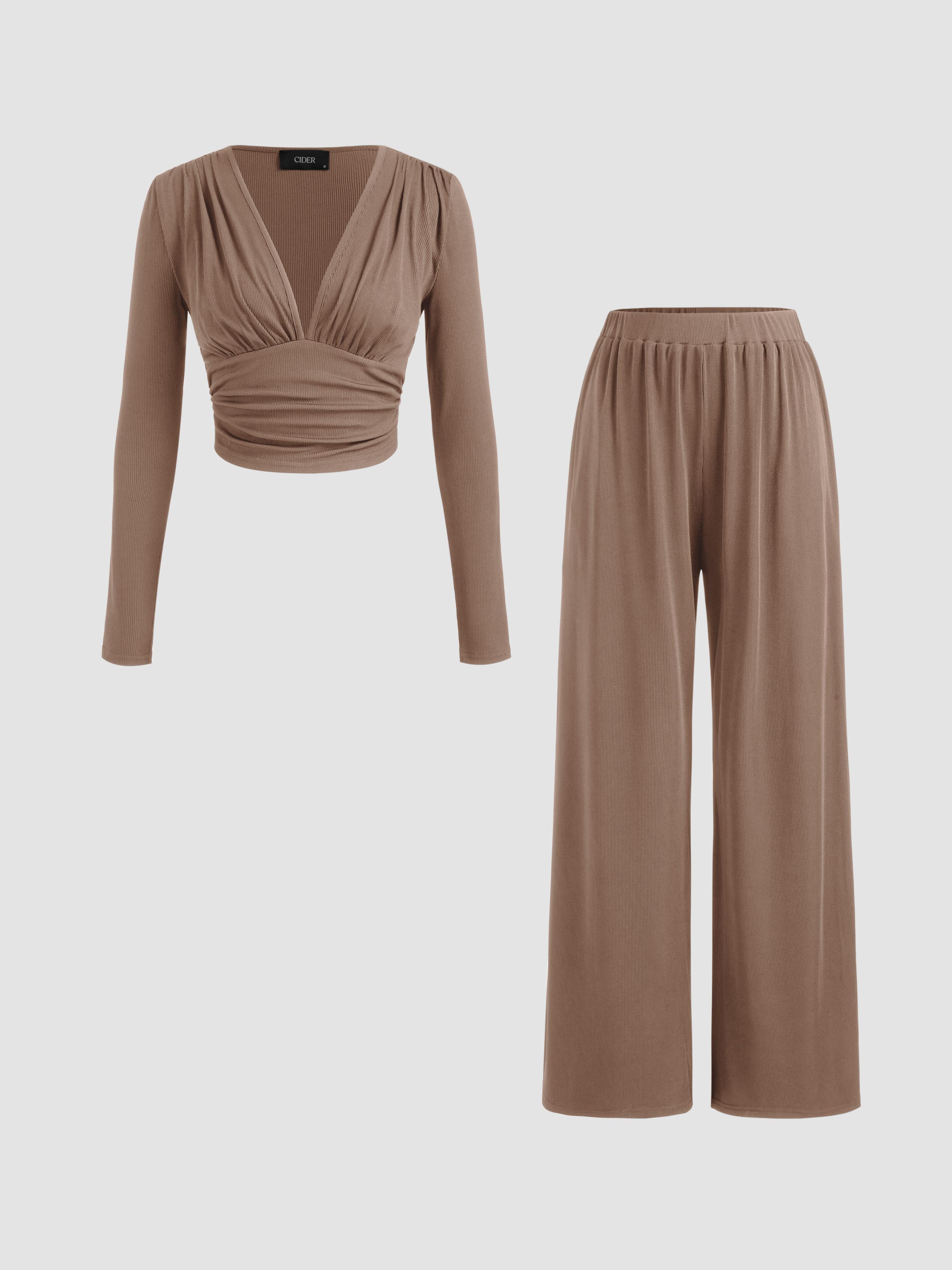 V-neck Solid Ruched Long Sleeve Crop Top & Mid Rise Solid Wide Leg Trousers Set by CIDER