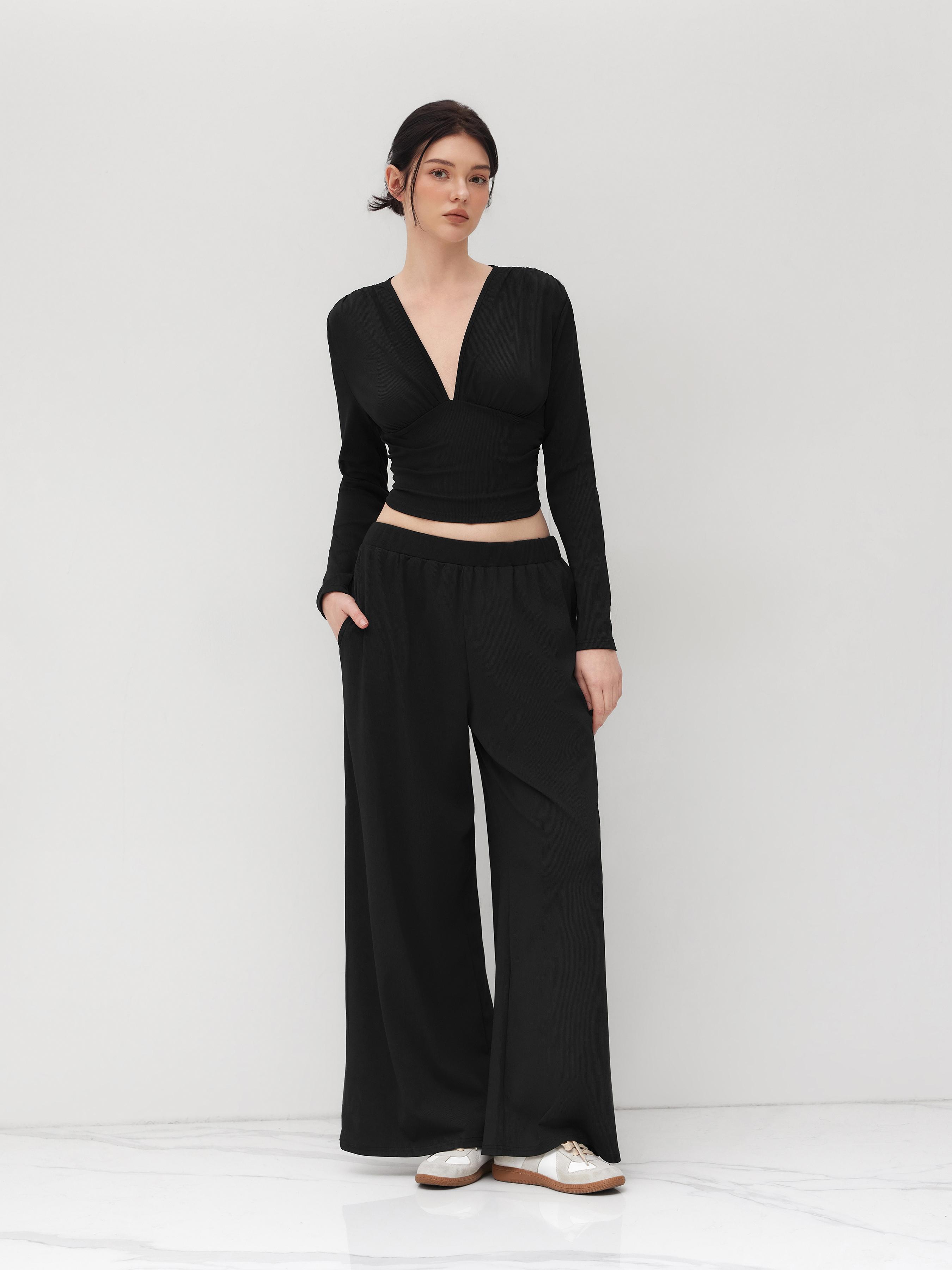 V-neck Solid Ruched Long Sleeve Crop Top & Mid Rise Solid Wide Leg Trousers Set by CIDER