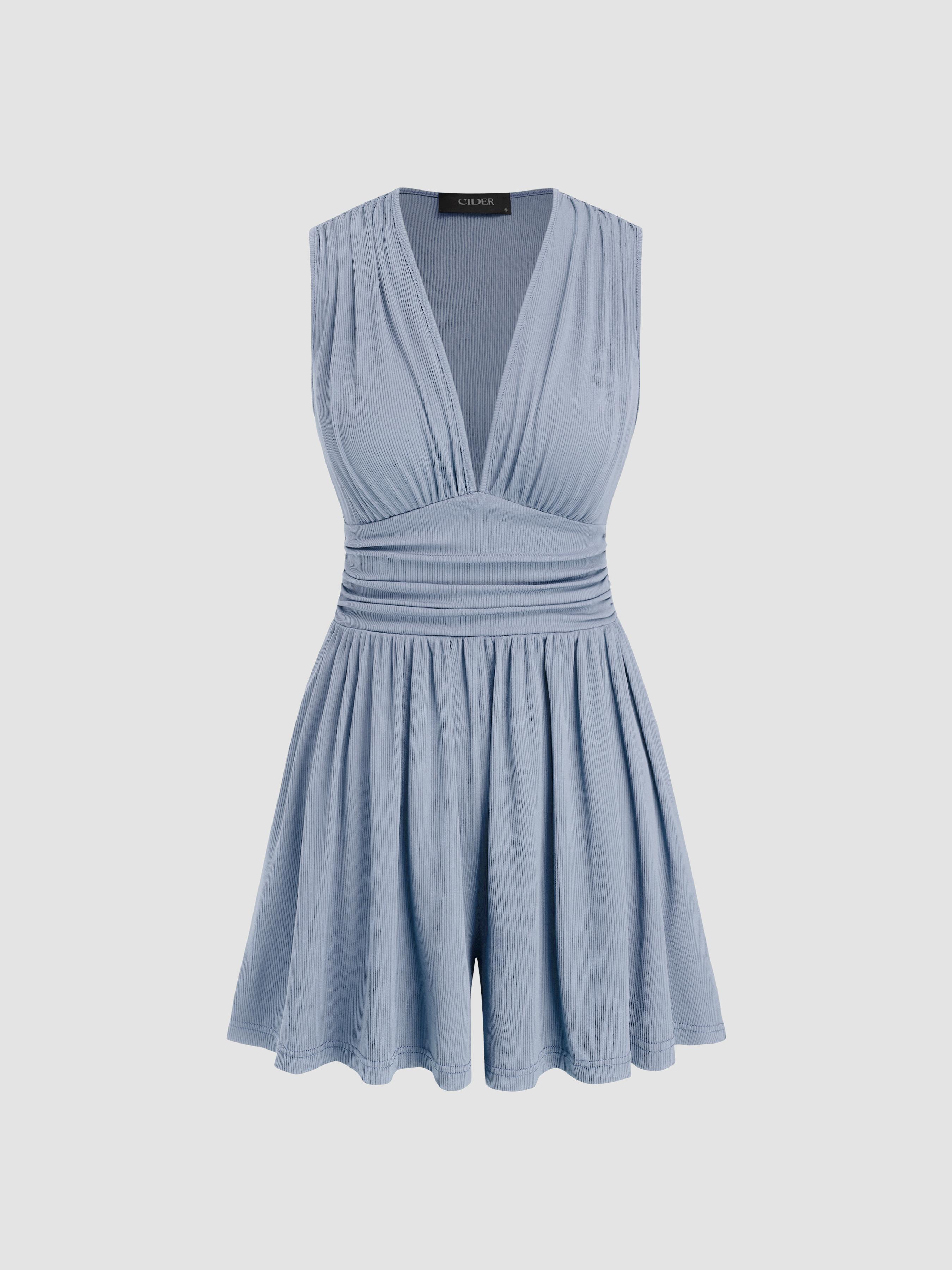 V-neck Solid Ruched Pocket Romper by CIDER