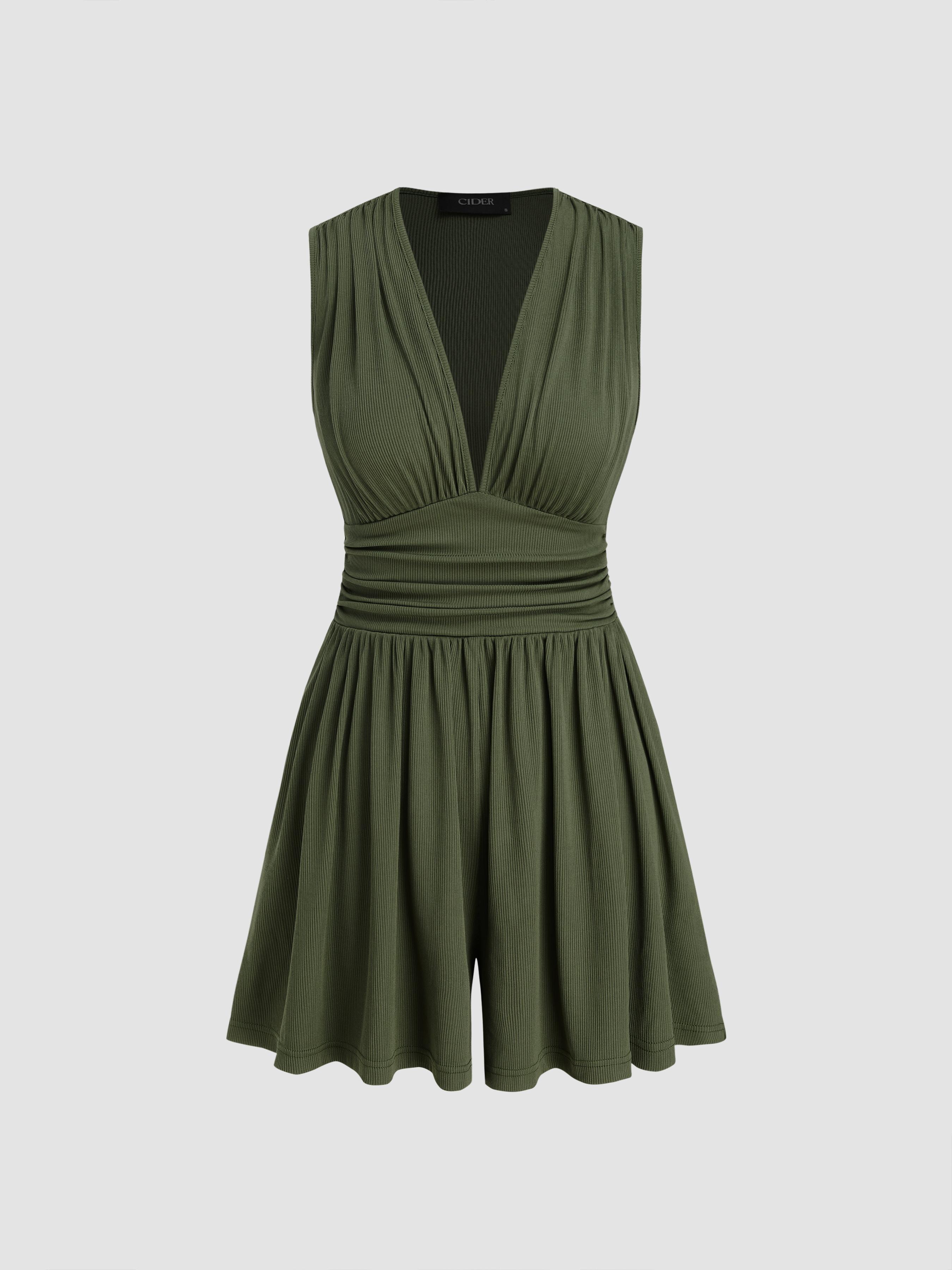 V-neck Solid Ruched Pocket Romper by CIDER