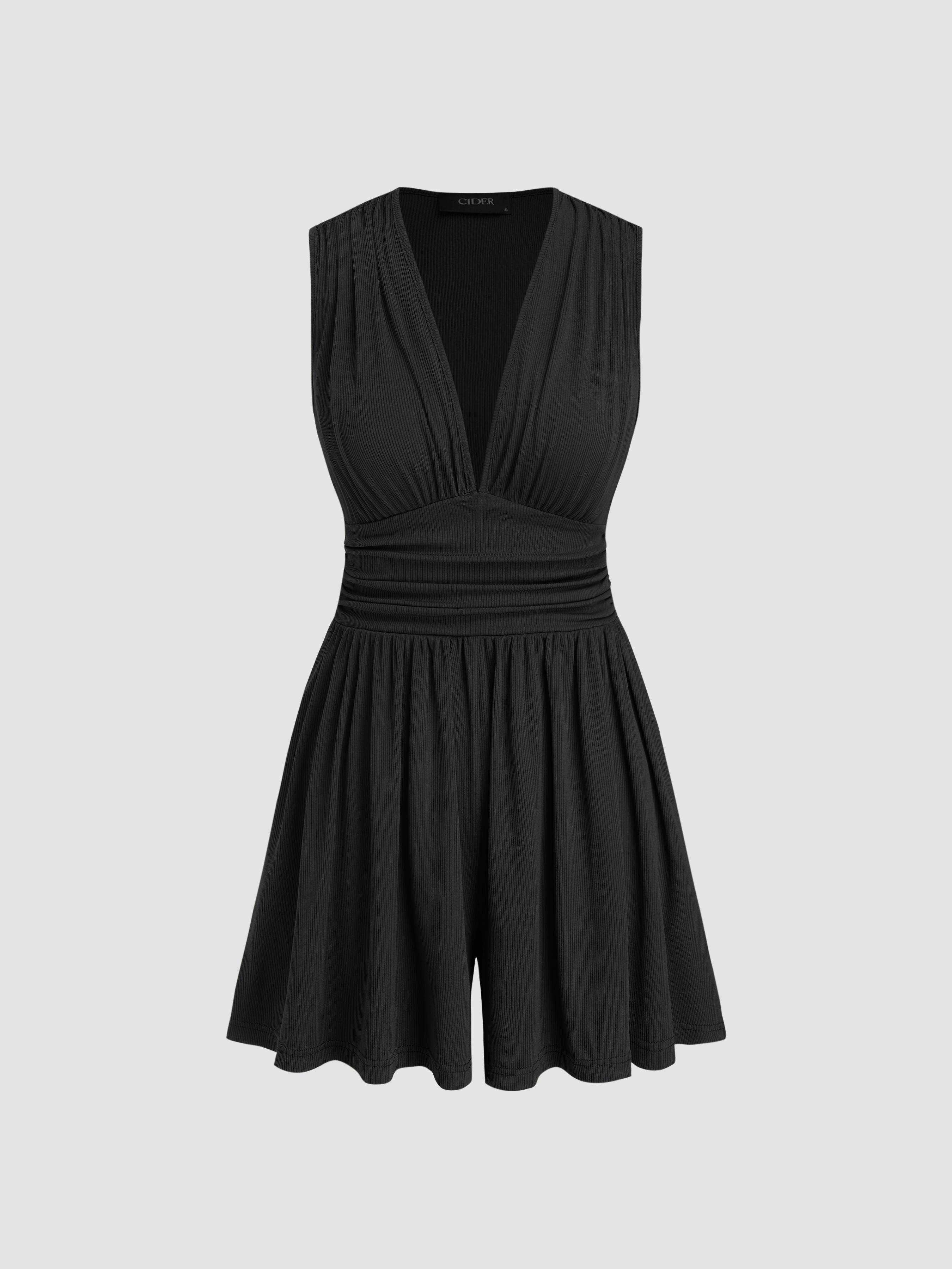 V-neck Solid Ruched Pocket Romper by CIDER