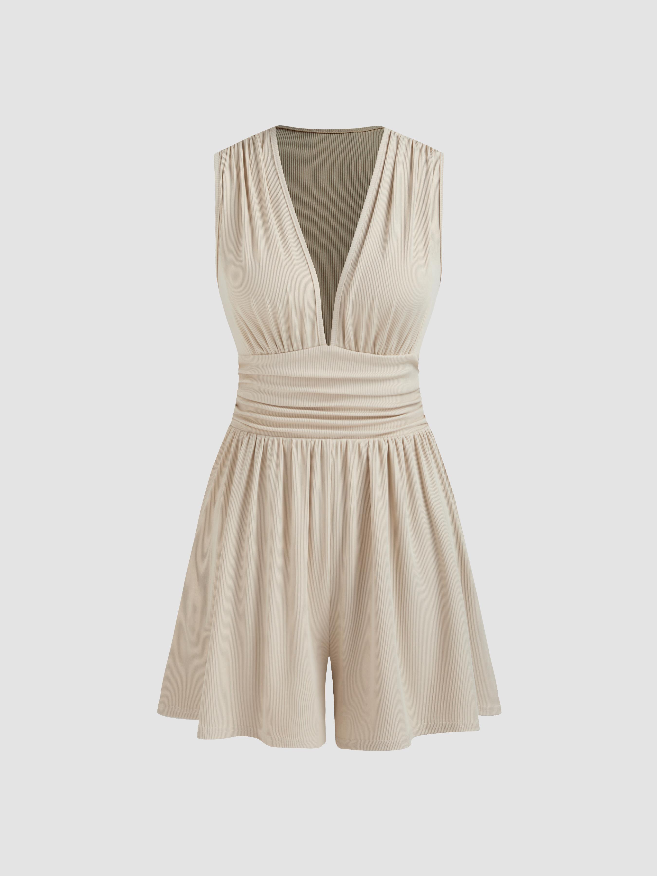 V-neck Solid Ruched Pocket Romper by CIDER