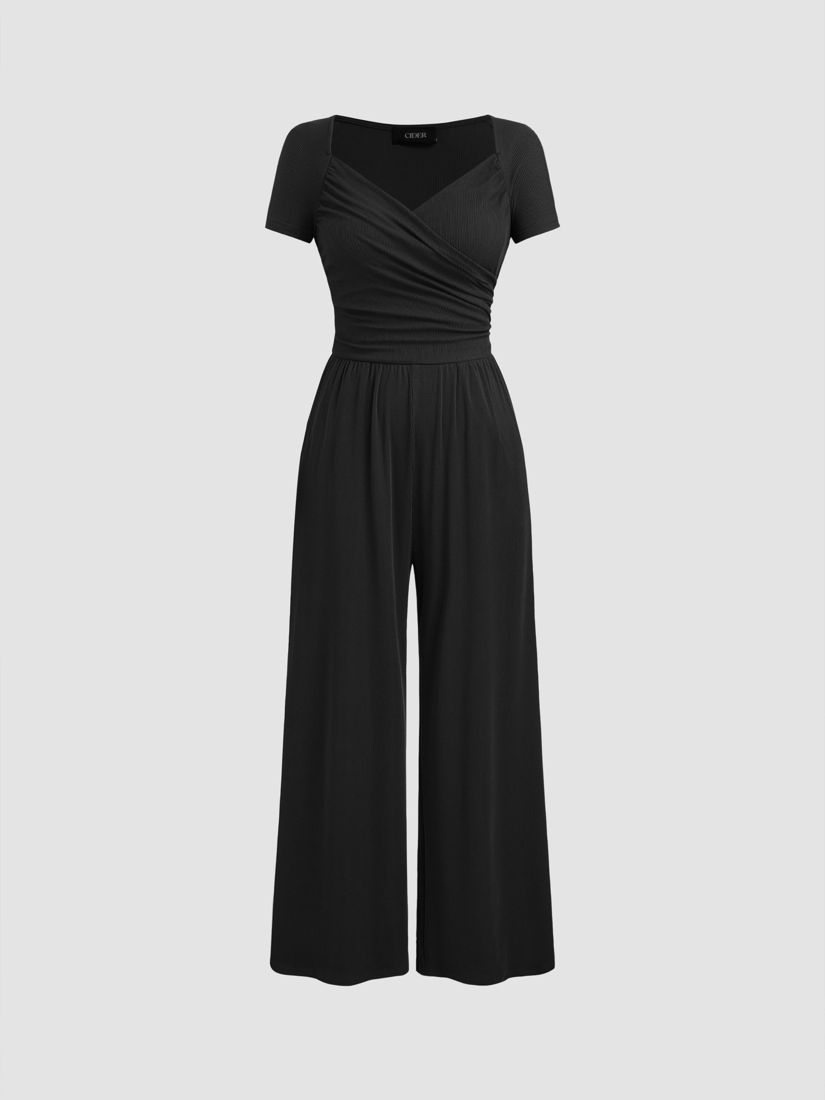 V-neck Solid Ruched Straight Leg Jumpsuit by CIDER