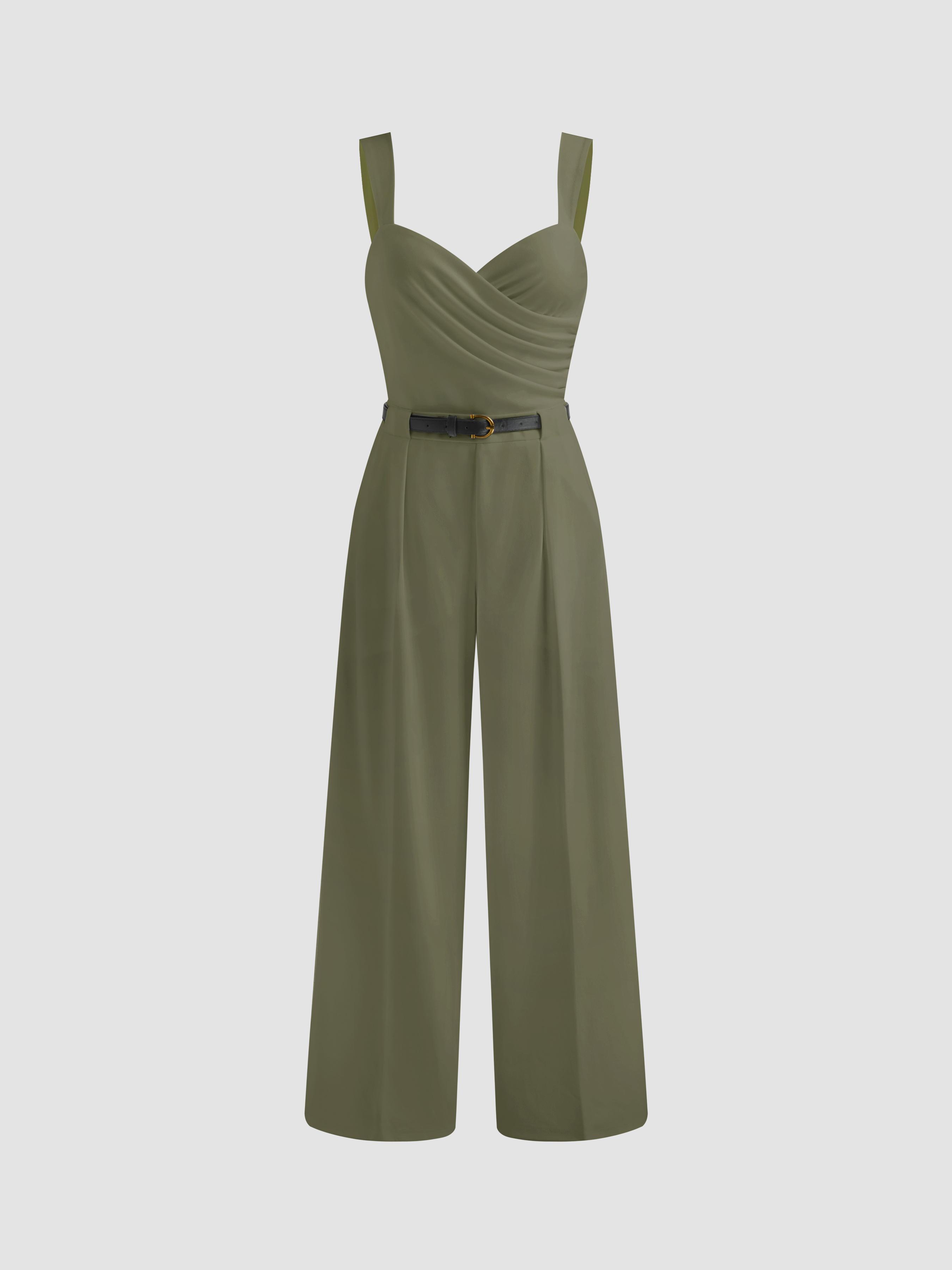 V-neck Solid Ruched Wrap Jumpsuit With Belt by CIDER