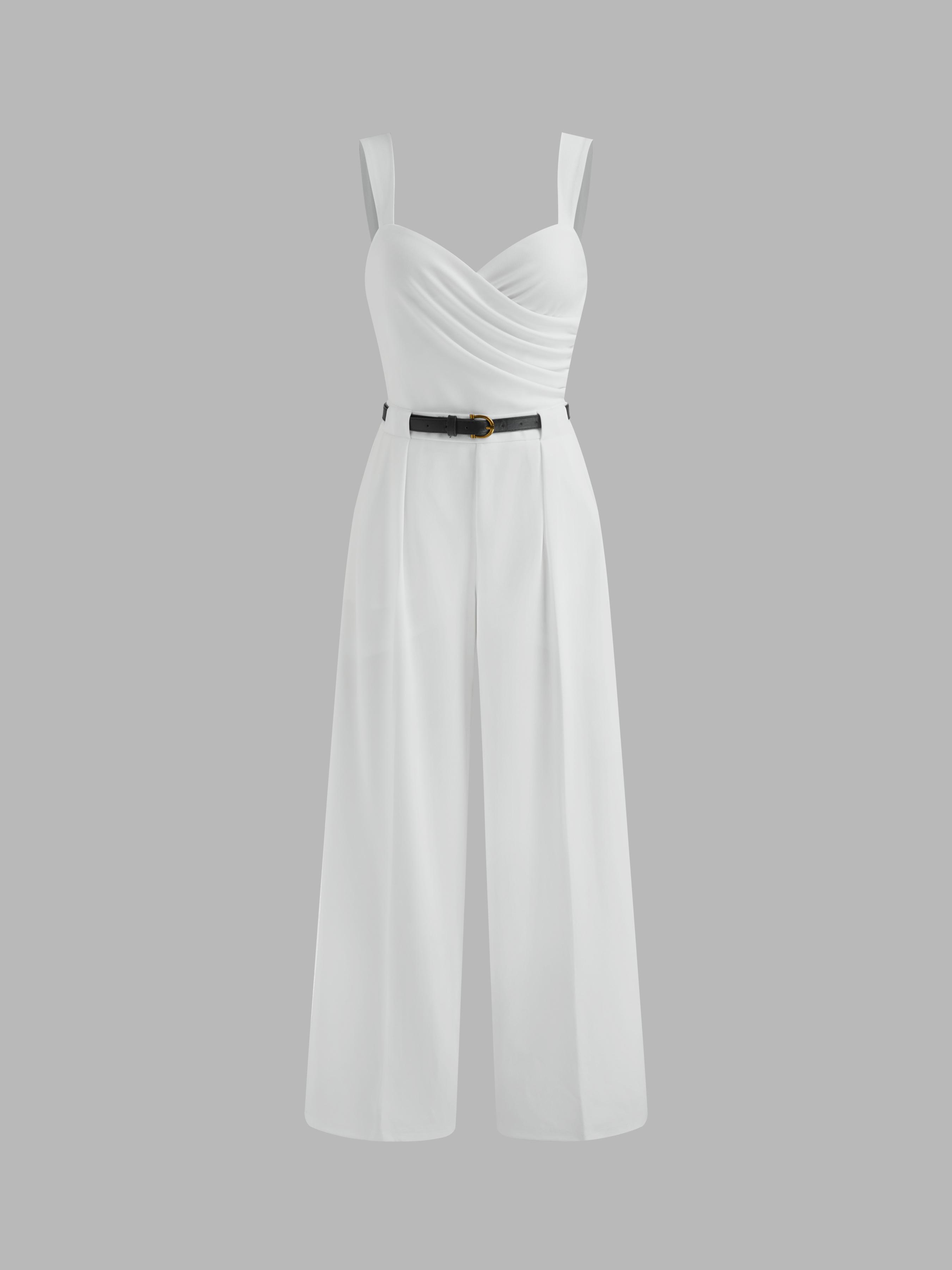 V-neck Solid Ruched Wrap Jumpsuit With Belt by CIDER