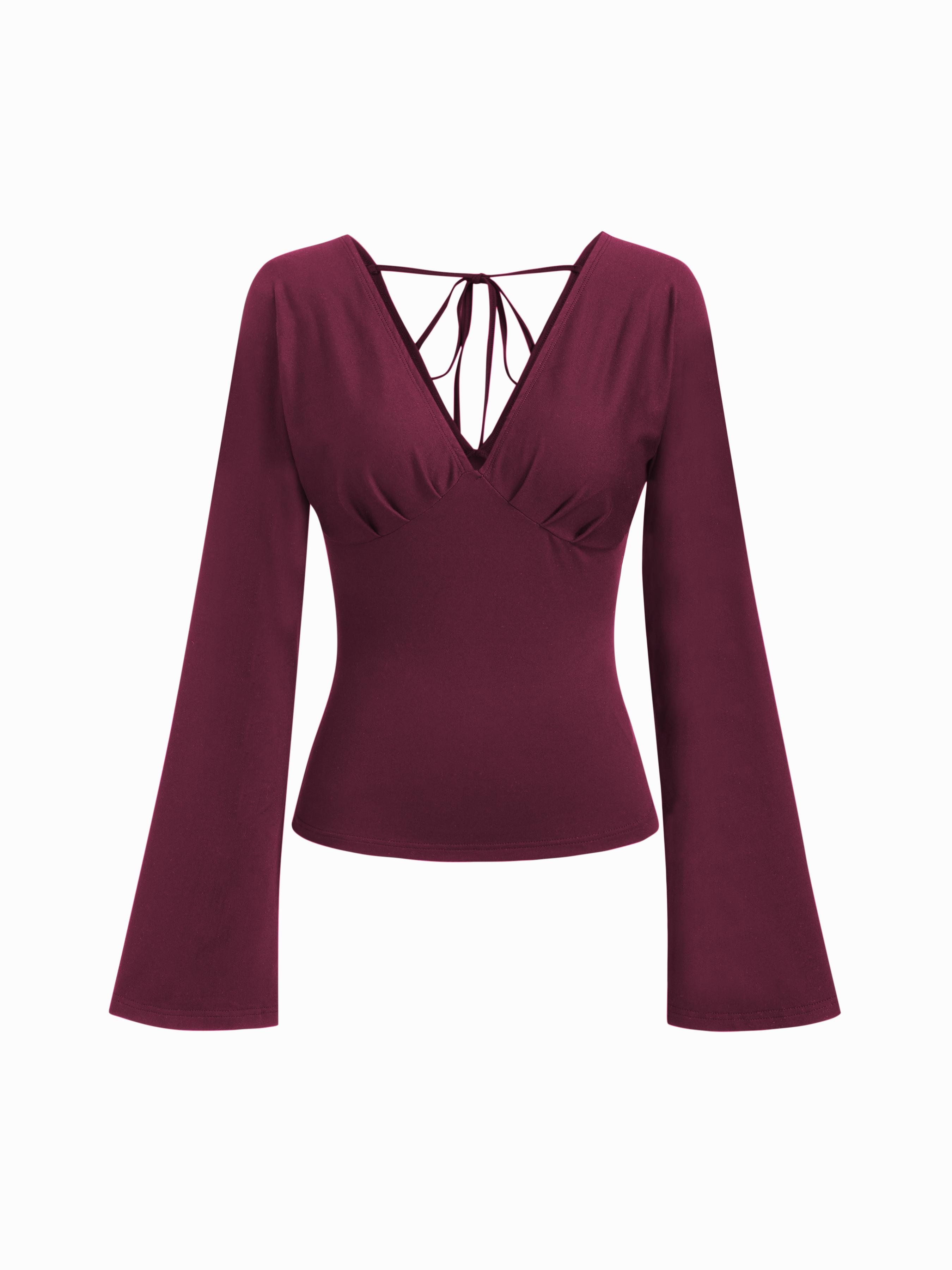 V-neck Solid Tie Back Bell Sleeve Top by CIDER