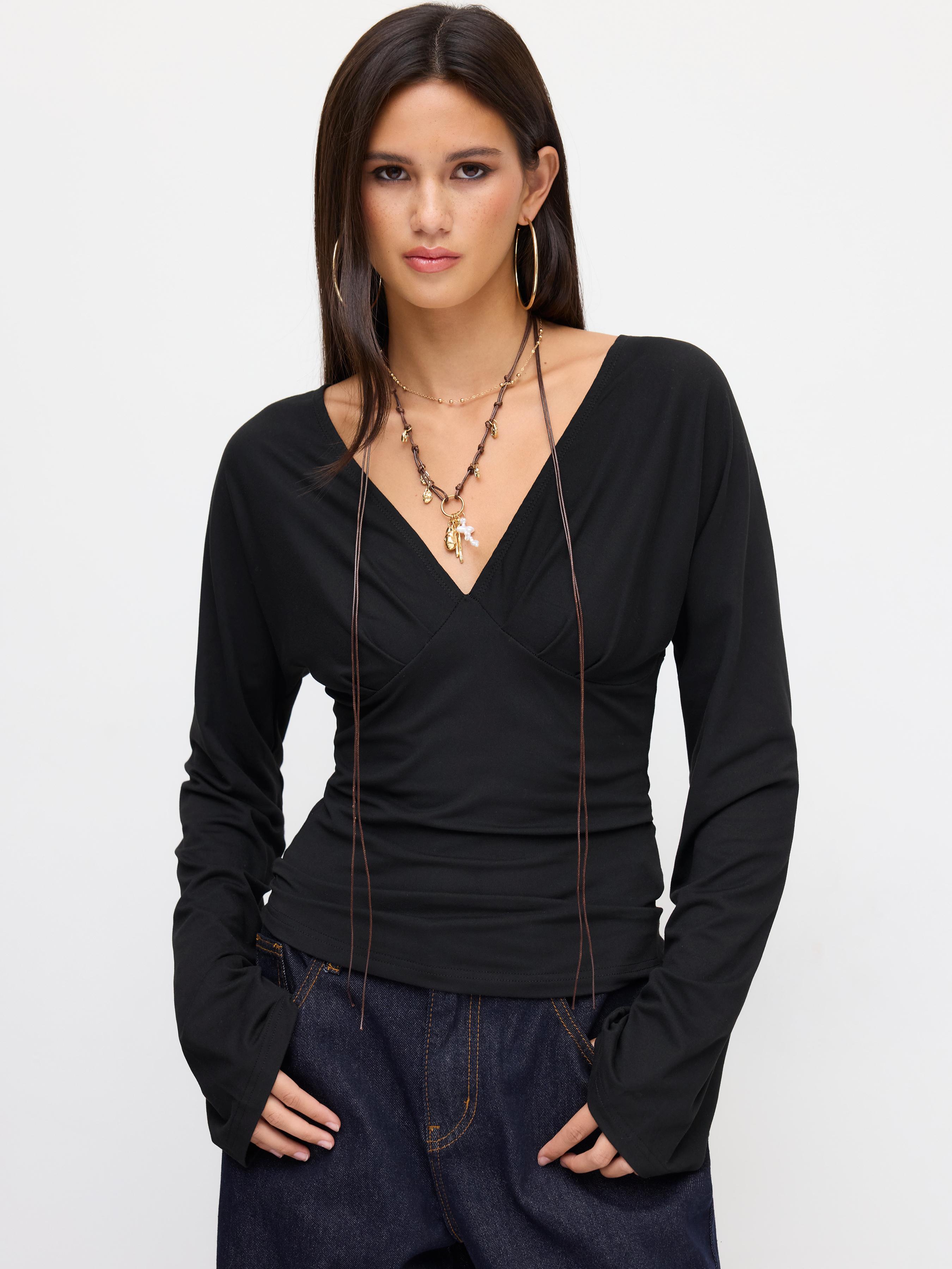 V-neck Solid Tie Back Bell Sleeve Top by CIDER