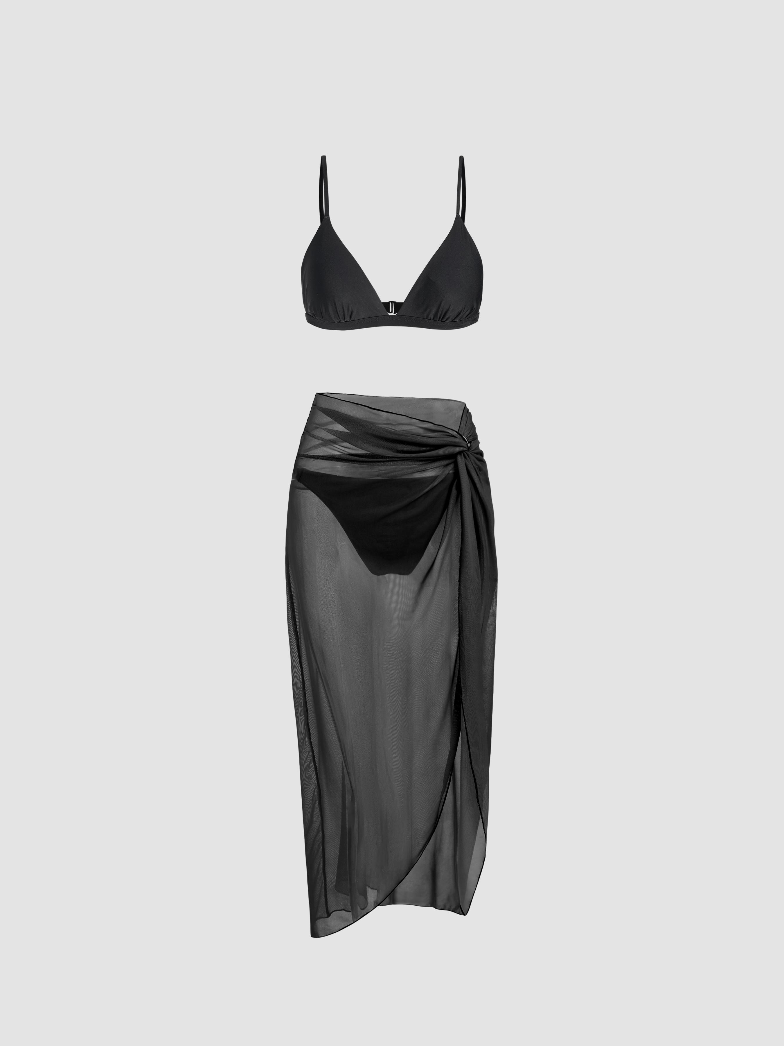 V-neck Solid Triangle Bikini Set With Sarong by CIDER