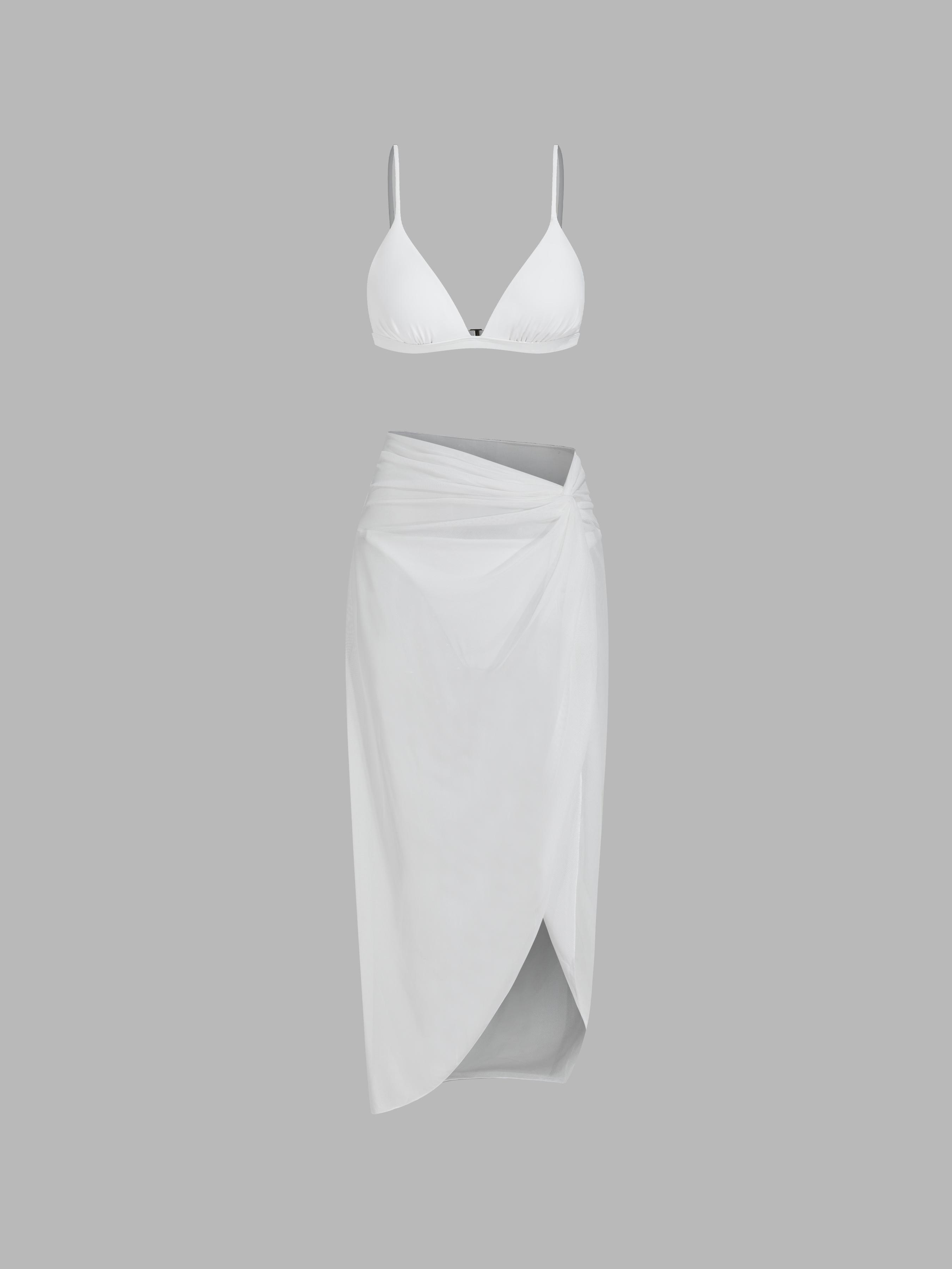 V-neck Solid Triangle Bikini Set With Sarong by CIDER