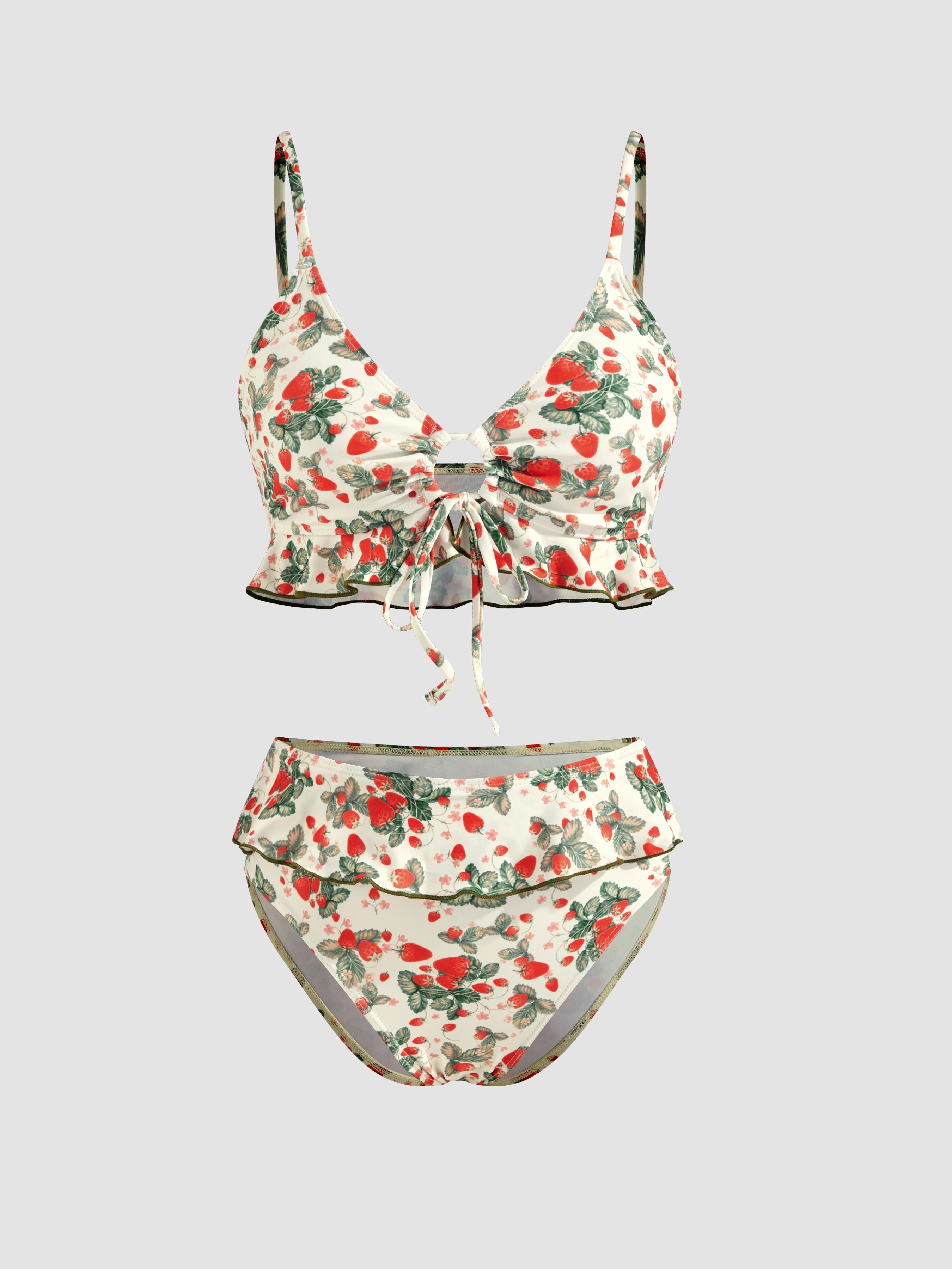 V-neck Strawberry Graphic Bracelet Cheeky Bikini Swimsuit by CIDER