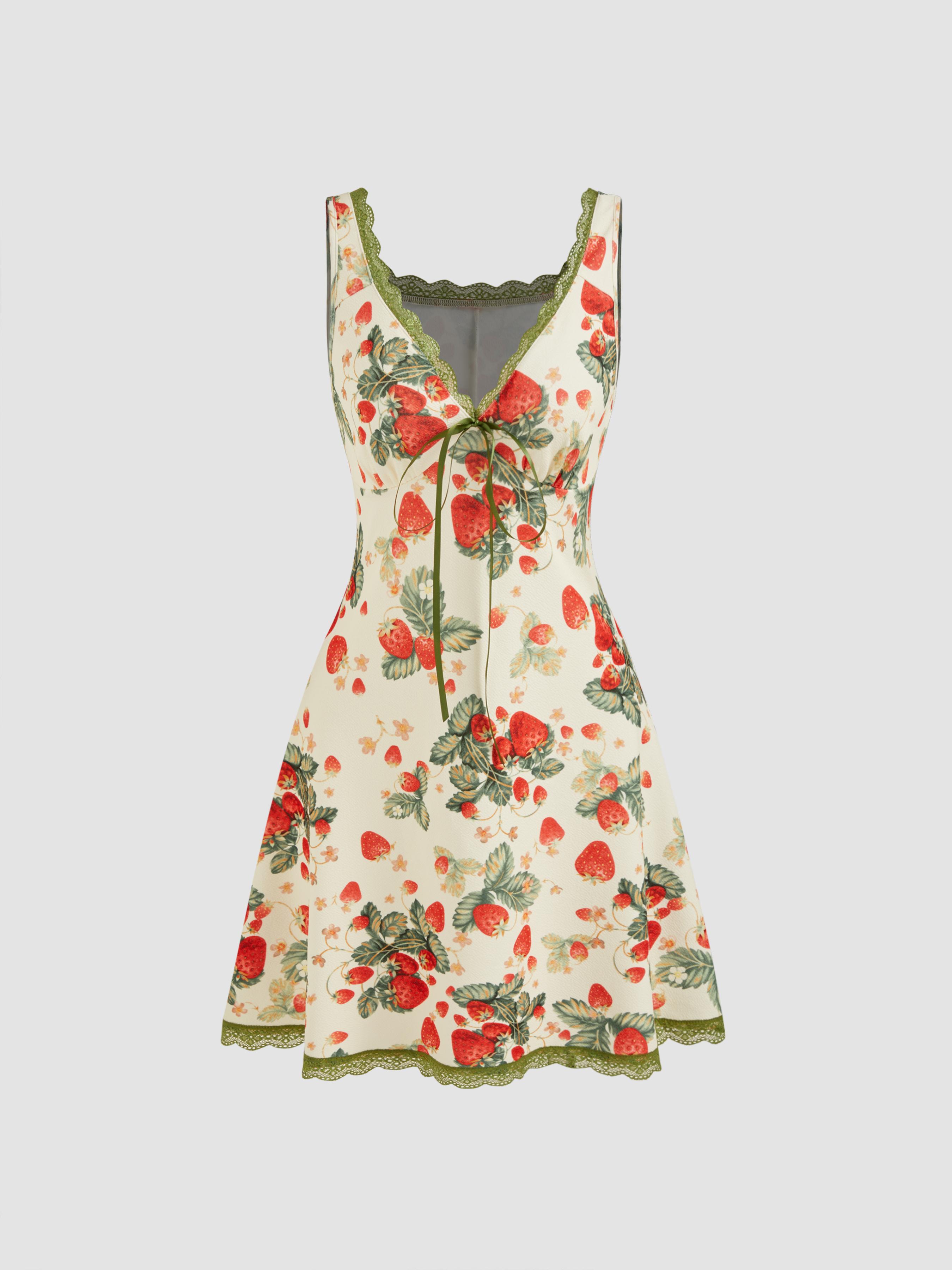 V-neck Strawberry Graphic Contrasting Binding Knotted Mini Dress by CIDER