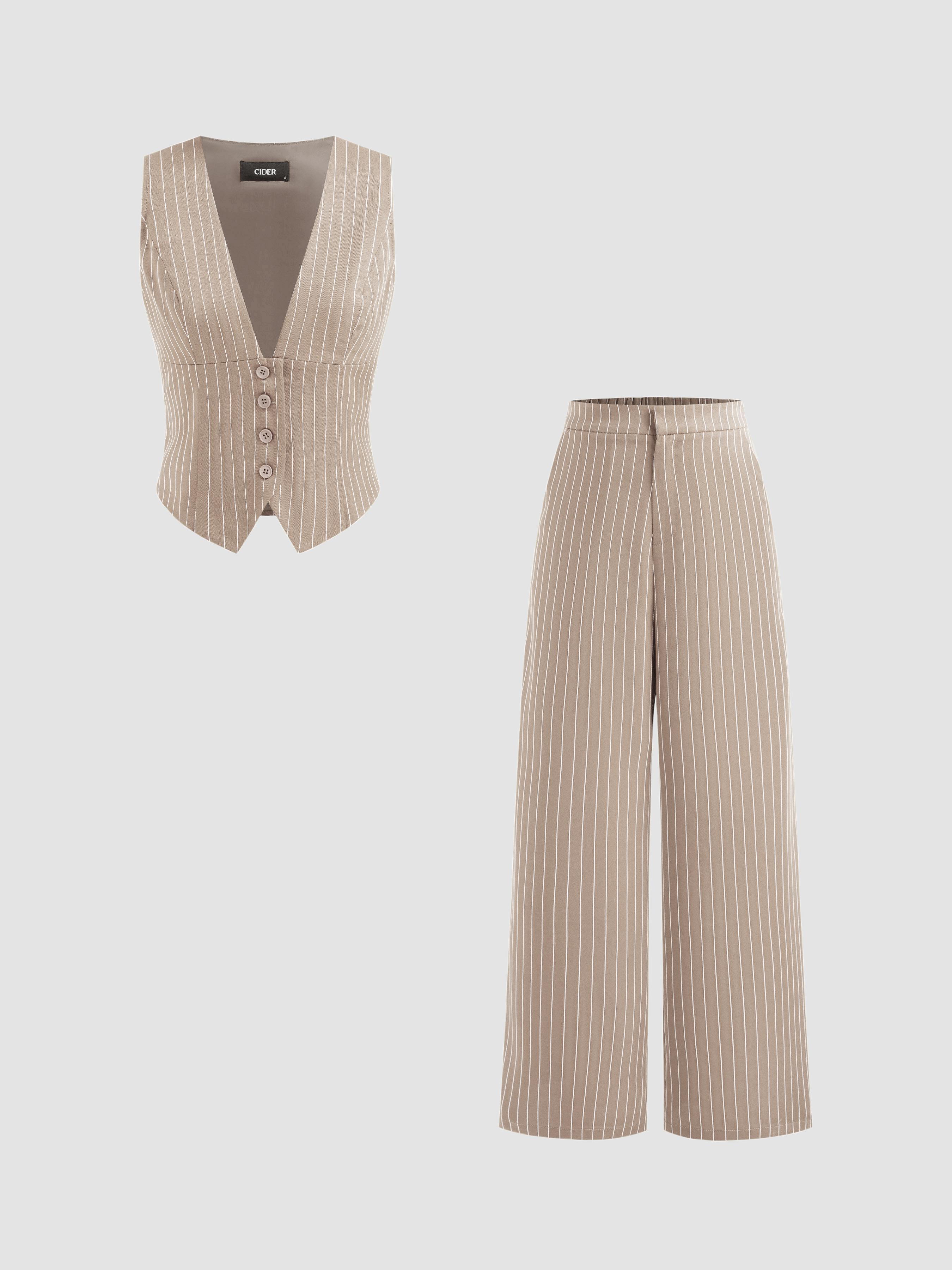 V-neck Stripe Button Tank Top & Mid Rise Pocket Straight Leg Trousers Set by CIDER