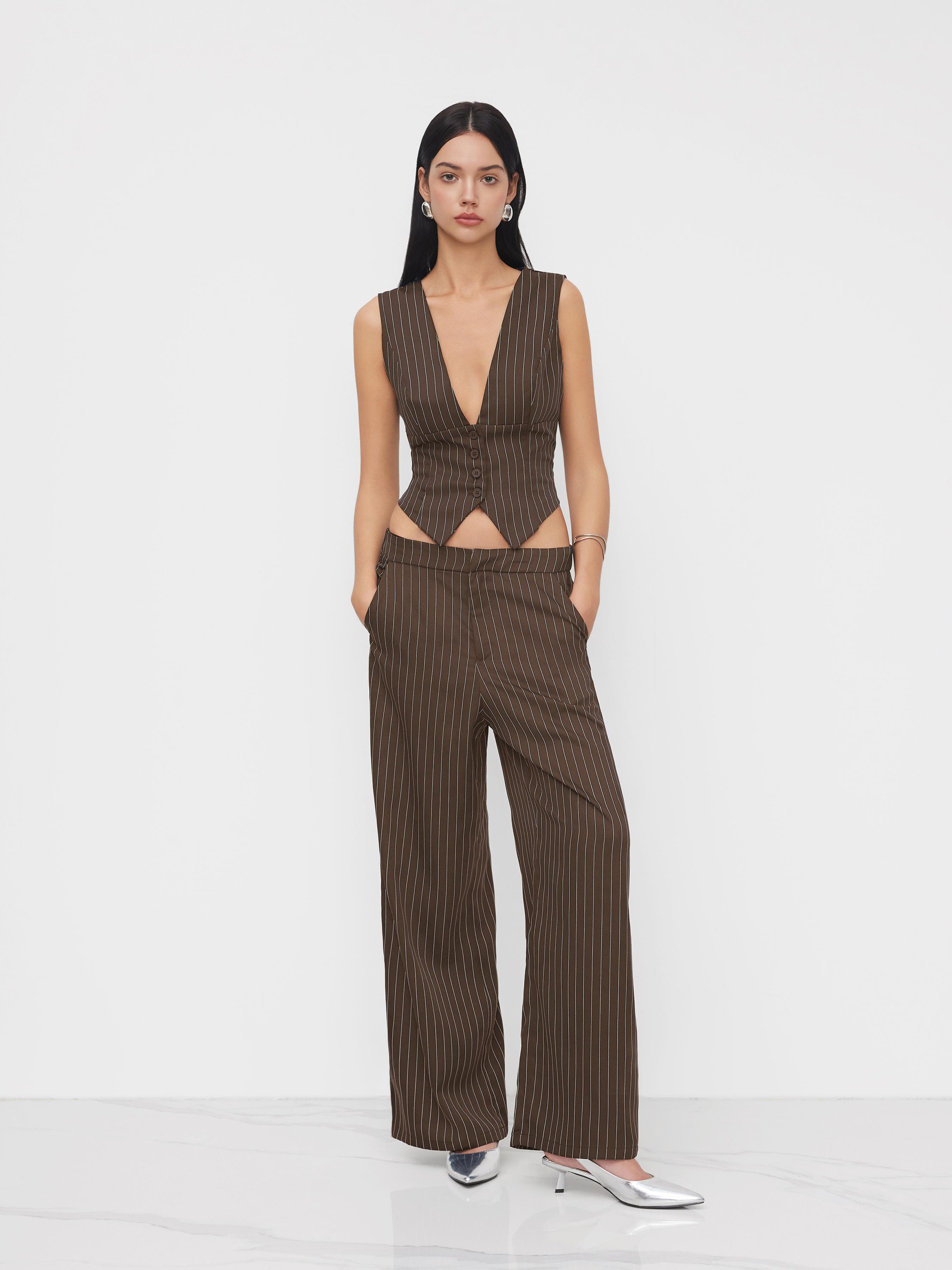 V-neck Stripe Button Tank Top & Mid Rise Pocket Straight Leg Trousers Set by CIDER