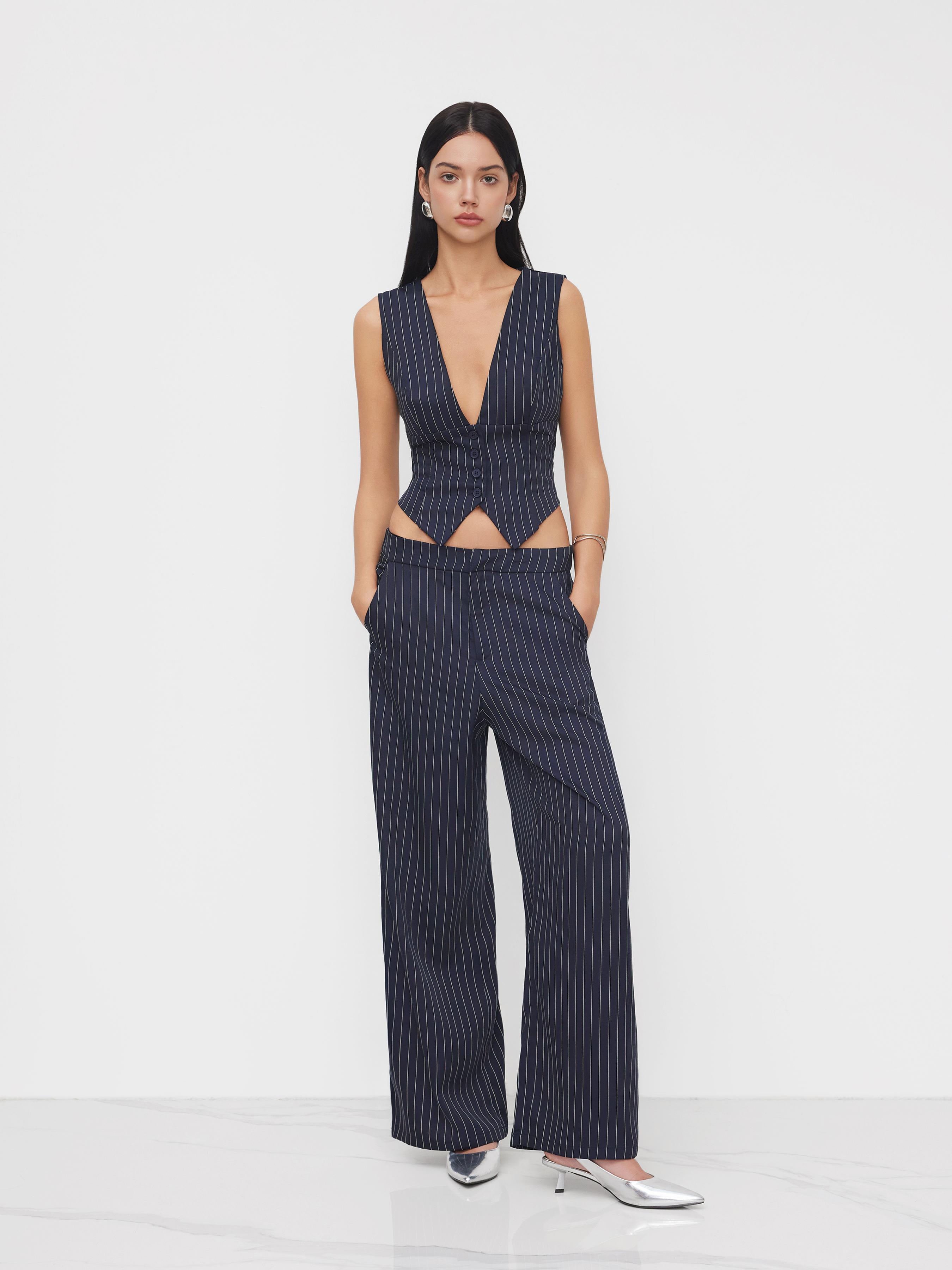V-neck Stripe Button Tank Top & Mid Rise Pocket Straight Leg Trousers Set by CIDER