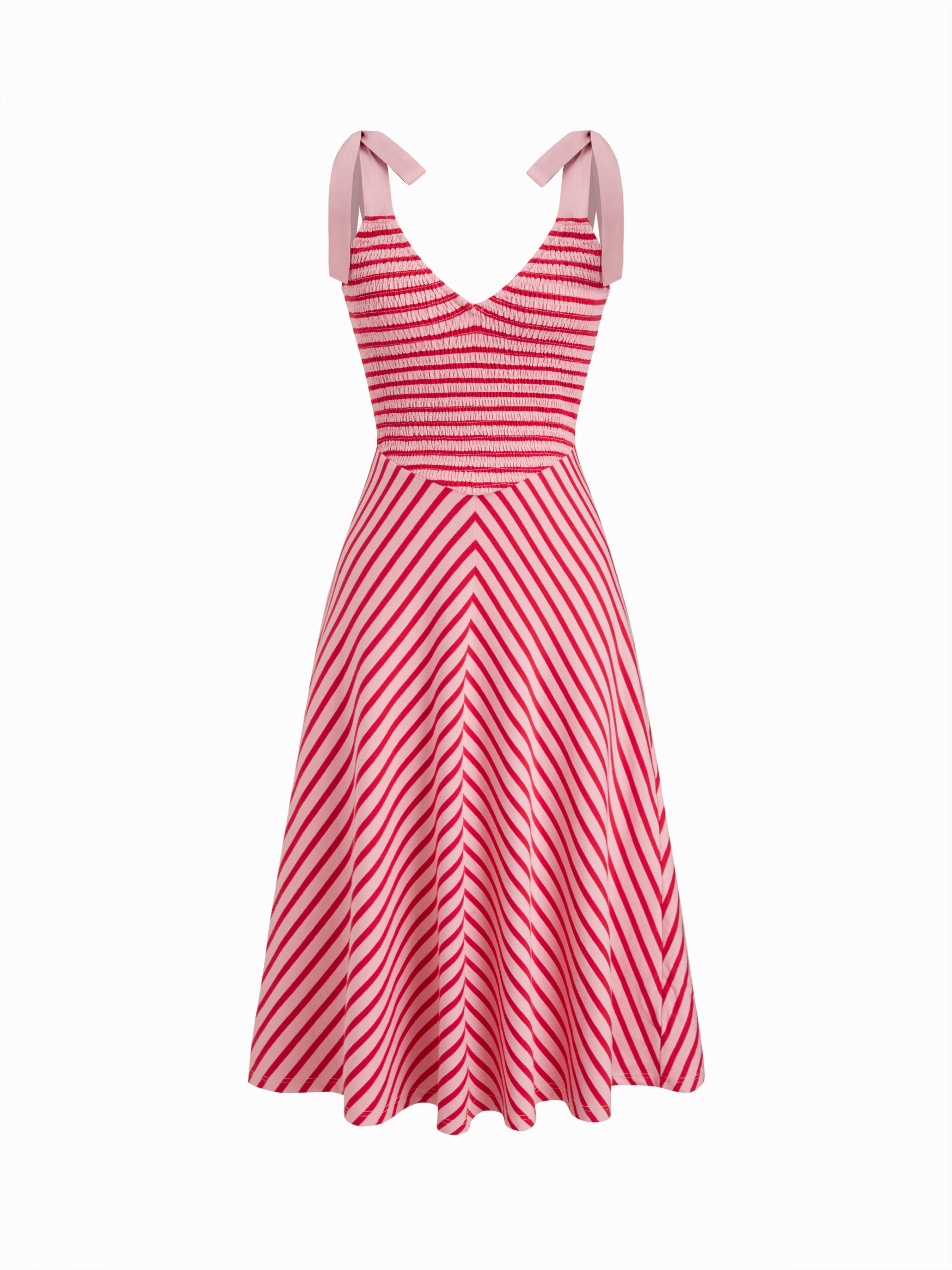 V-neck Stripe Shirred Bowknot Maxi Dress by CIDER