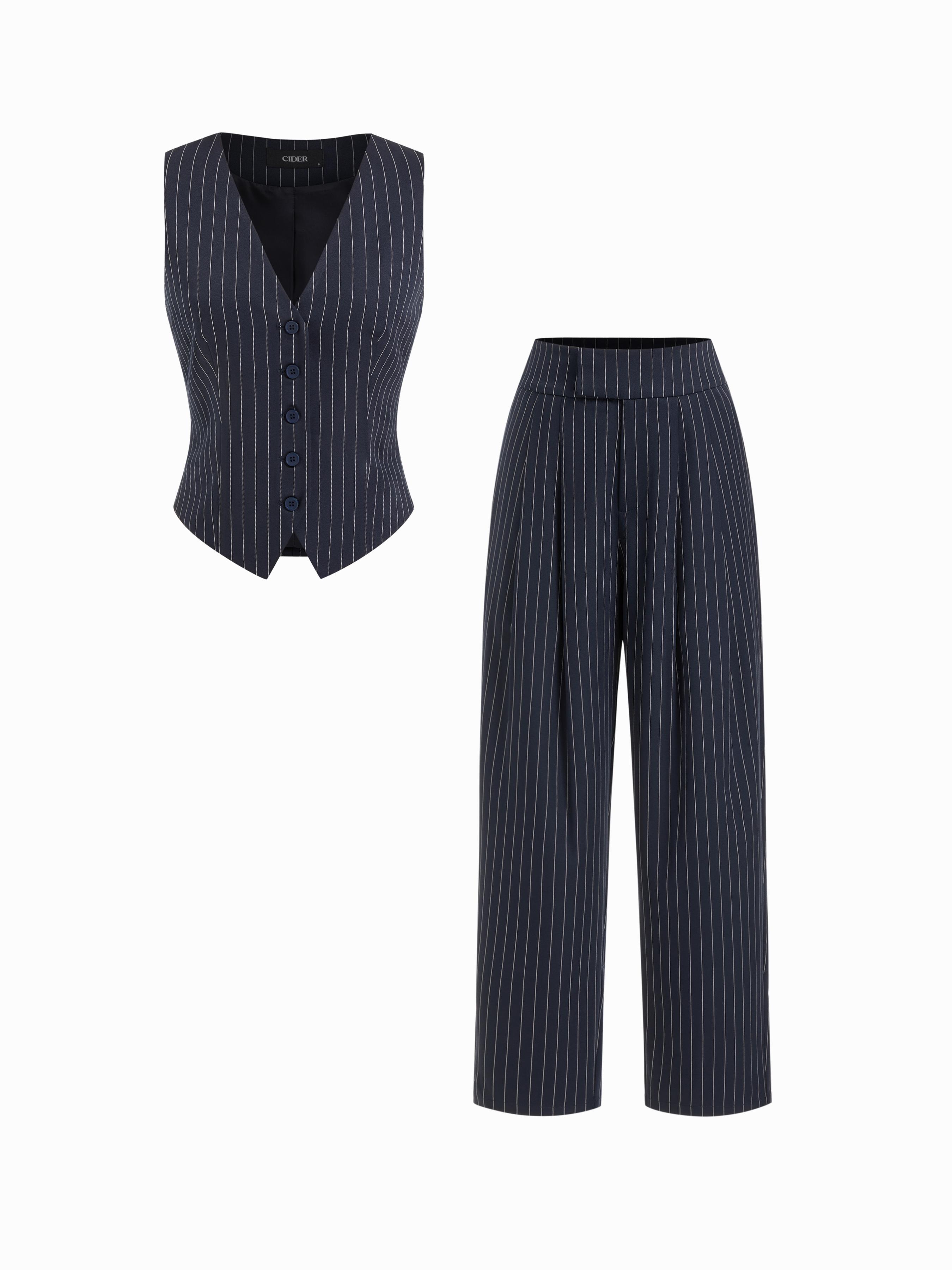 V-neck Striped Belted Cinched Waist Top & High Rise Tapered Trousers Set by CIDER