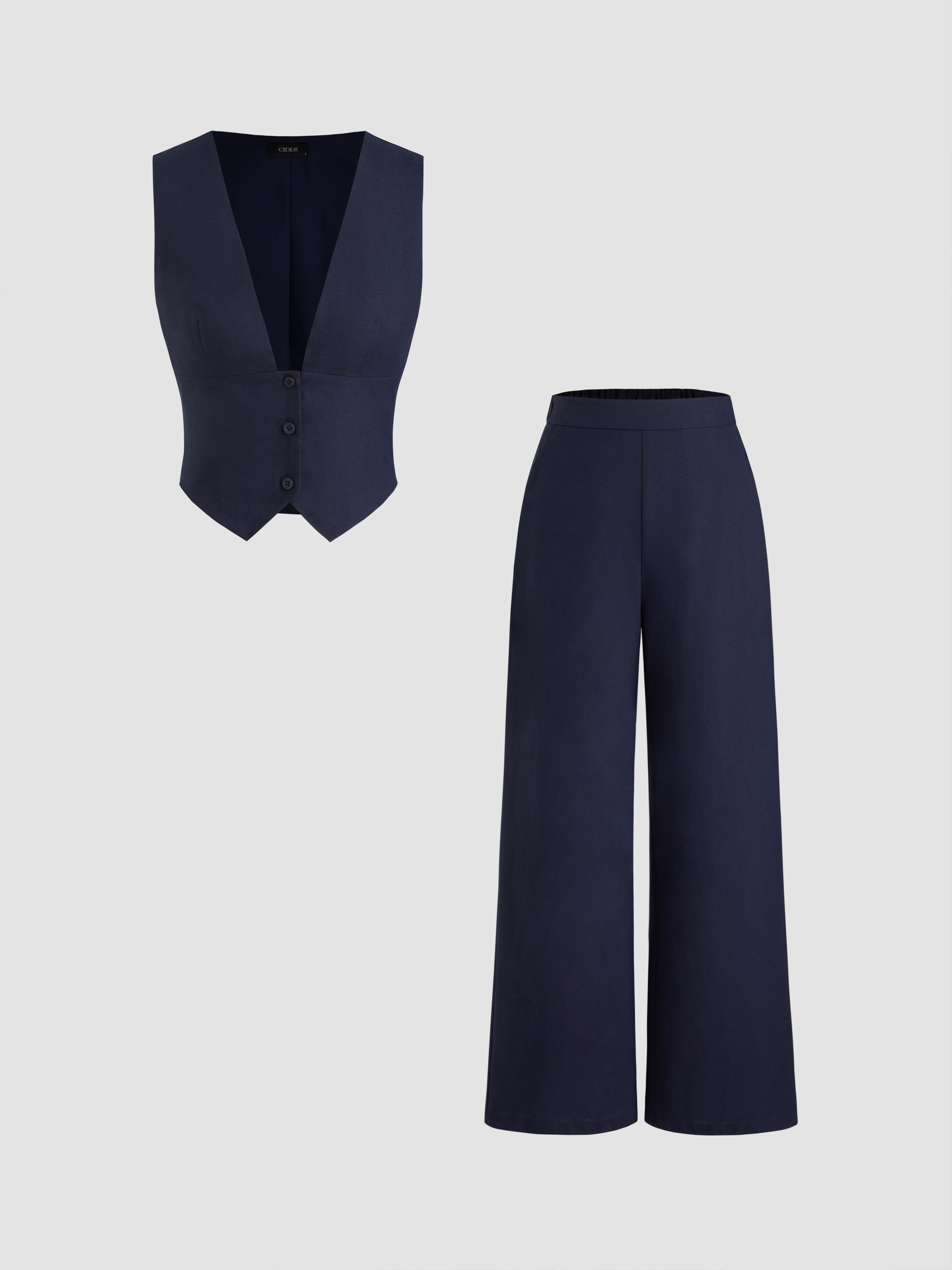 V-neck Striped Belted Vest With Mid Rise Striped Pocket Straight Leg Trousers by CIDER