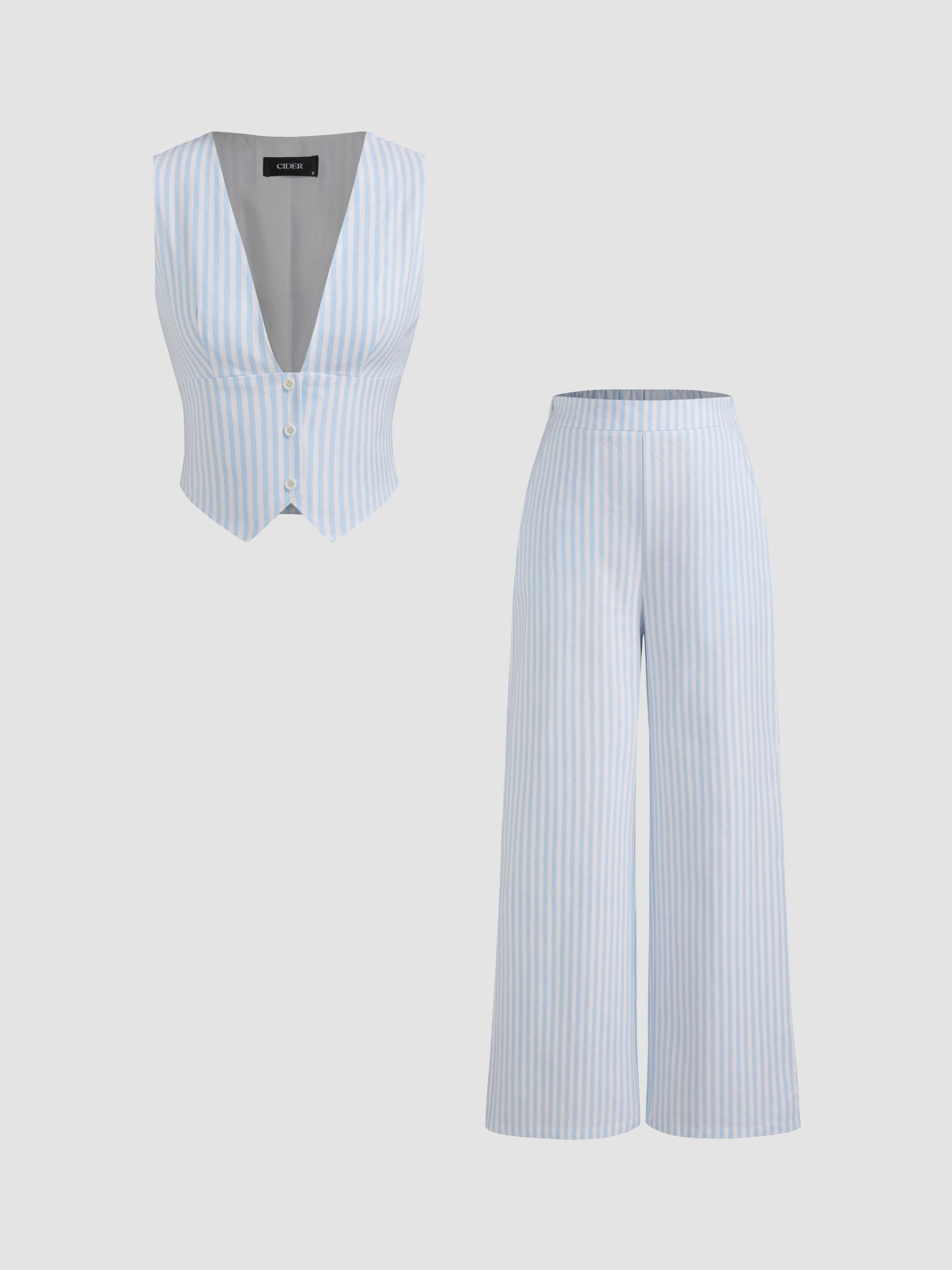 V-neck Striped Belted Vest With Mid Rise Striped Pocket Straight Leg Trousers by CIDER