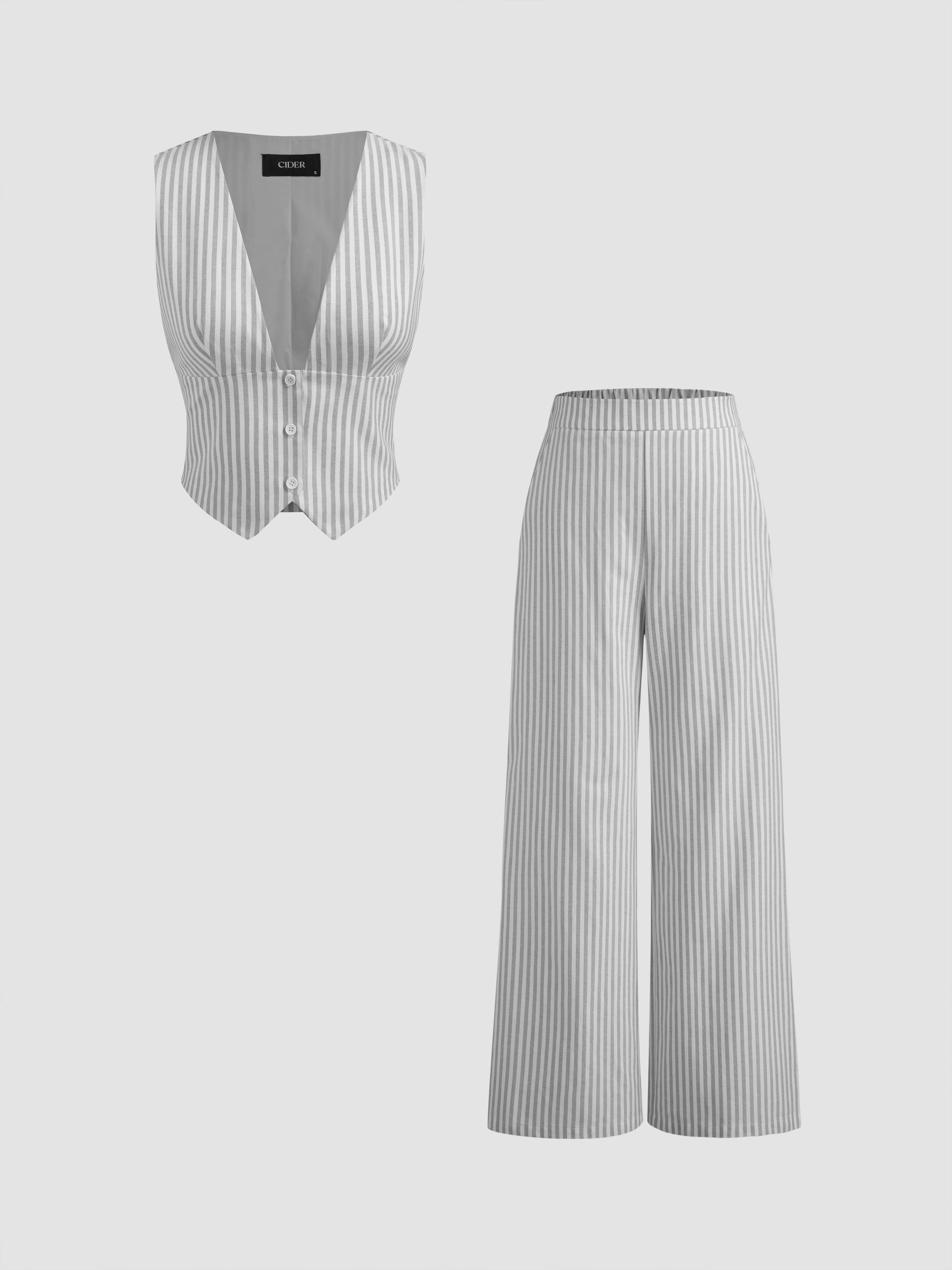 V-neck Striped Belted Vest With Mid Rise Striped Pocket Straight Leg Trousers by CIDER