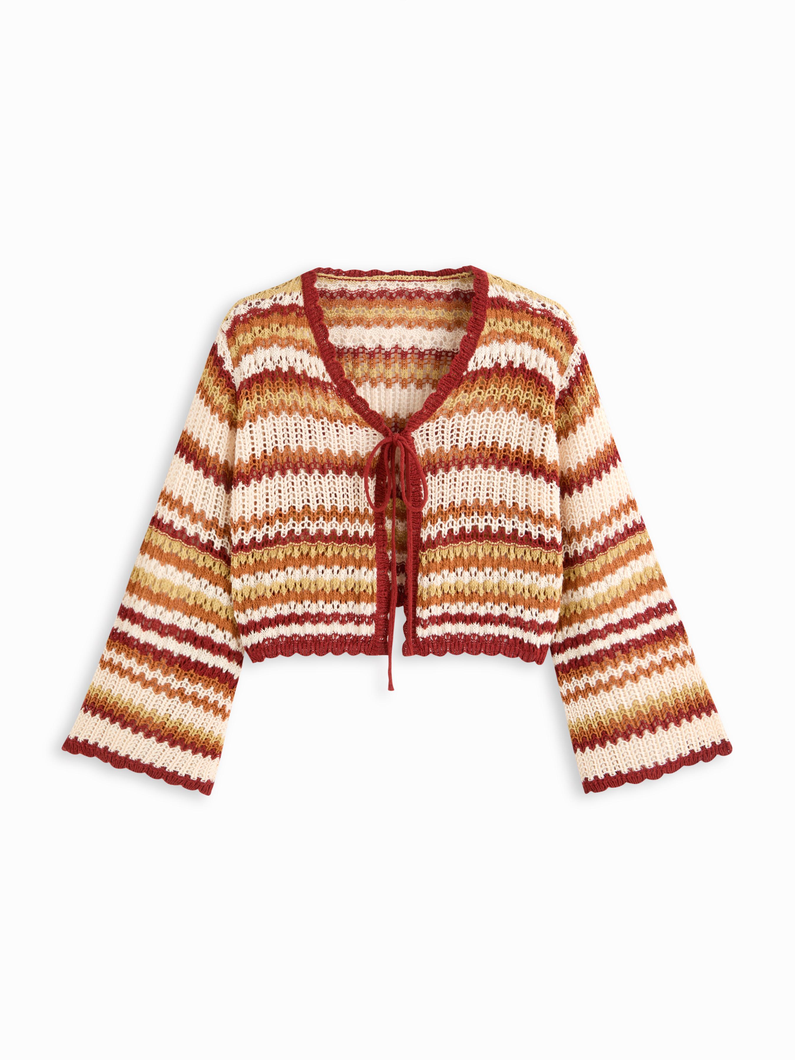 V-neck Striped Lace Up Knitted Long Sleeve Cardigan Curve & Plus by CIDER