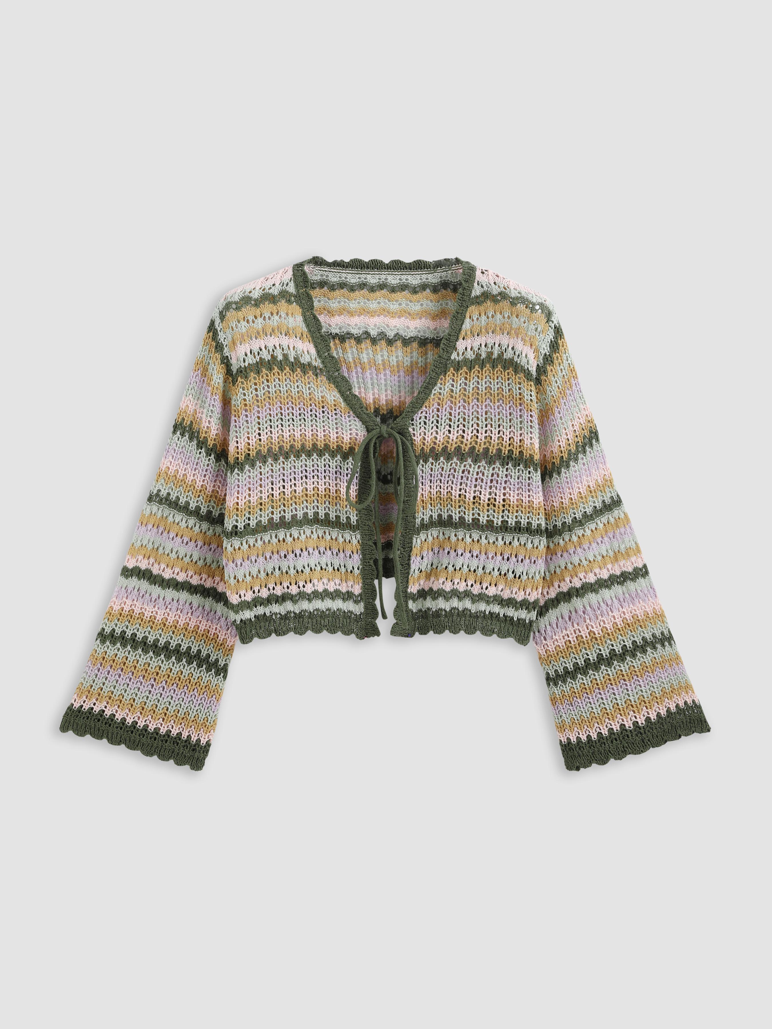 V-neck Striped Lace Up Knitted Long Sleeve Cardigan Curve & Plus by CIDER