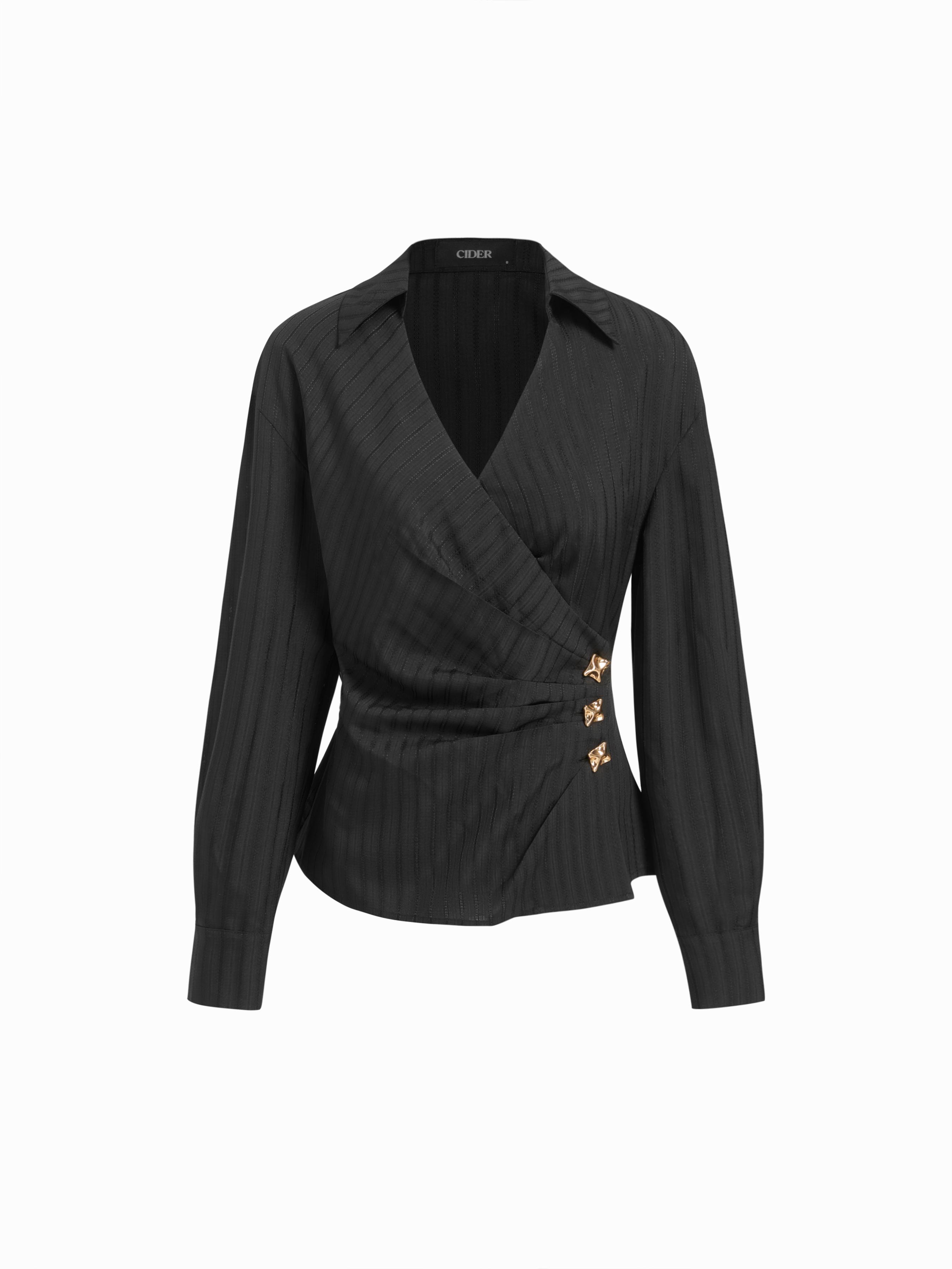 V-neck Striped Metal Button Wrap Blouse by CIDER