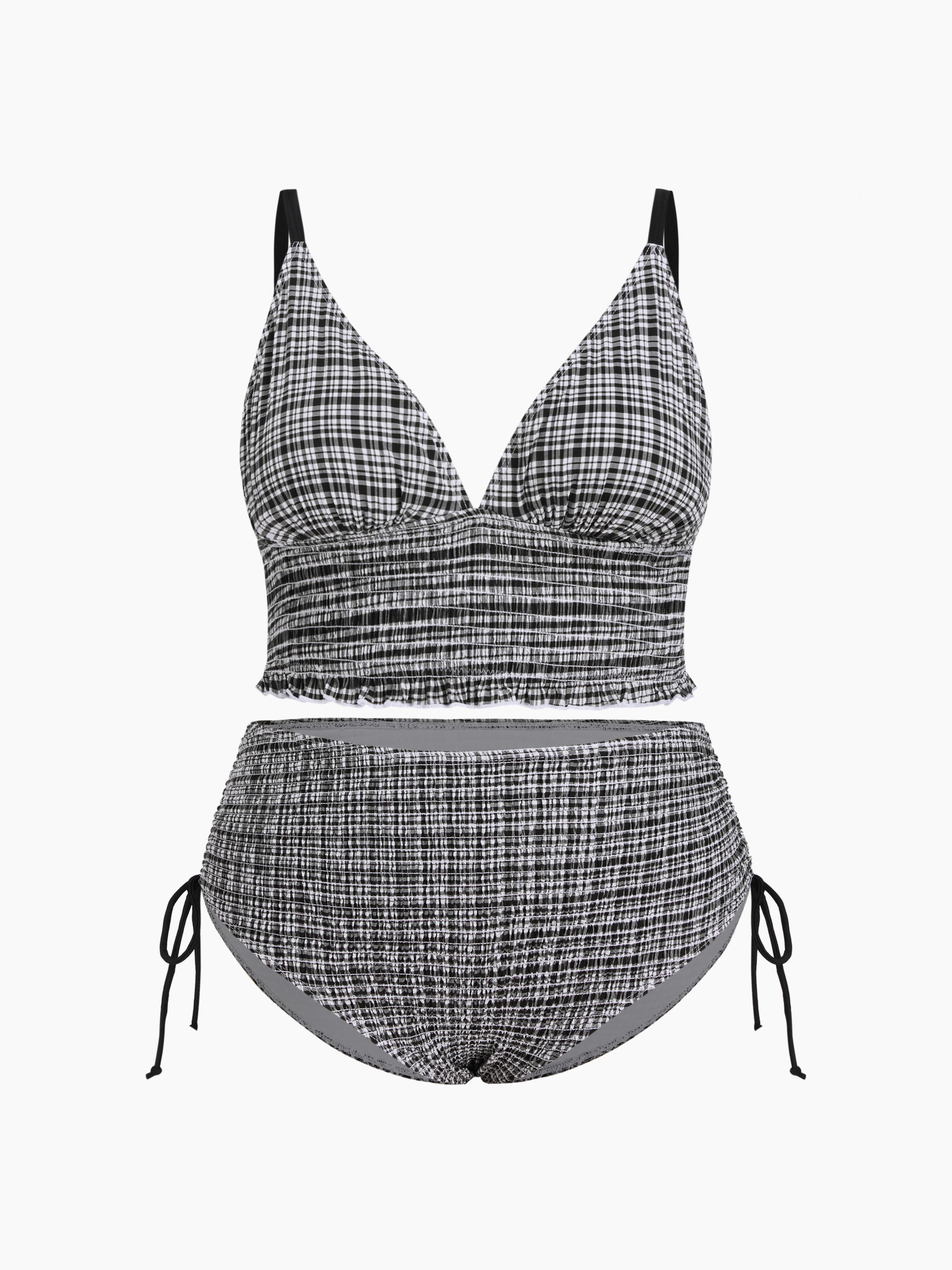 V-neck Tartan Shirred Triangle Drawstring Bikini Set Curve & Plus by CIDER