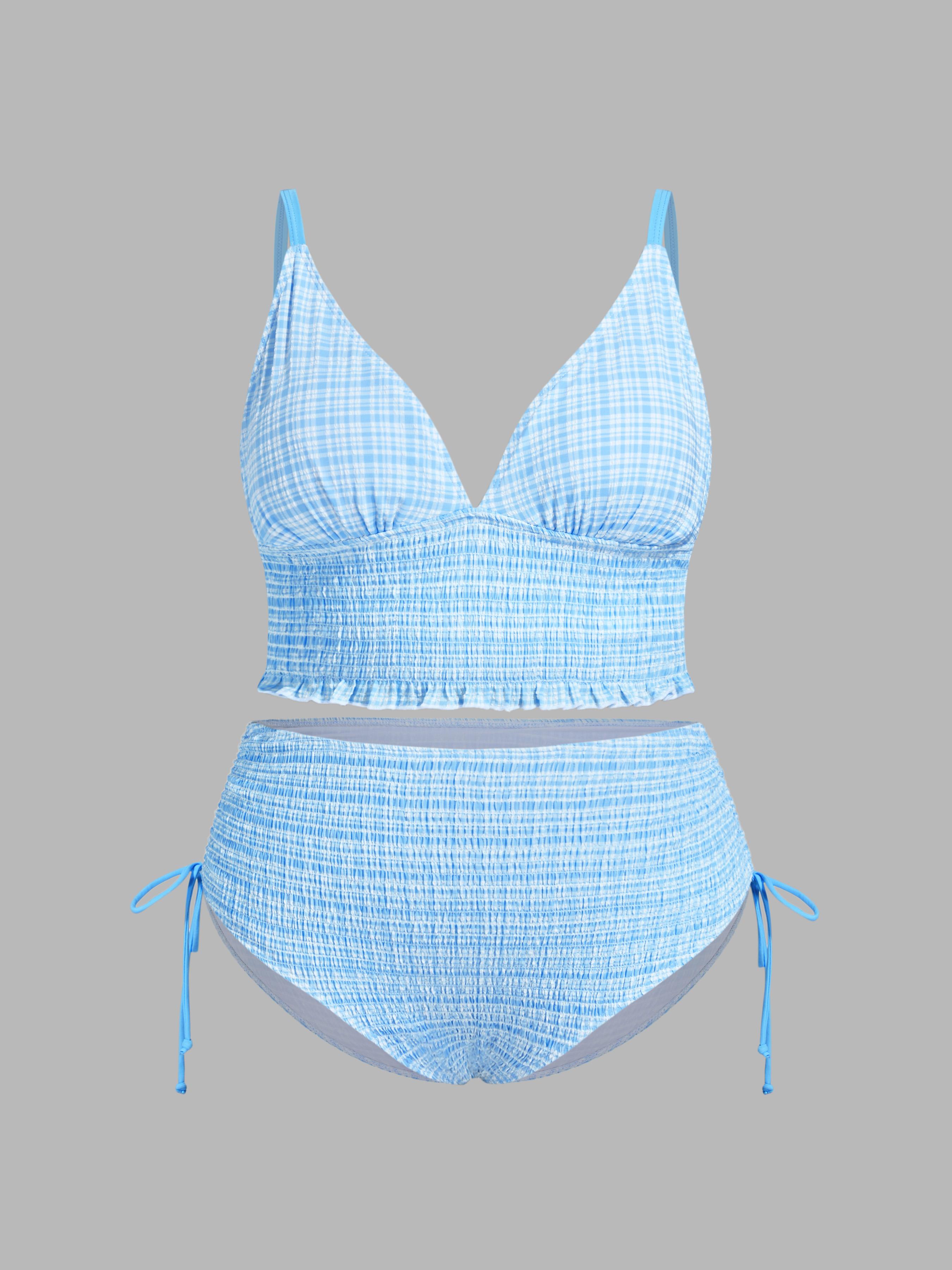 V-neck Tartan Shirred Triangle Drawstring Bikini Set Curve & Plus by CIDER