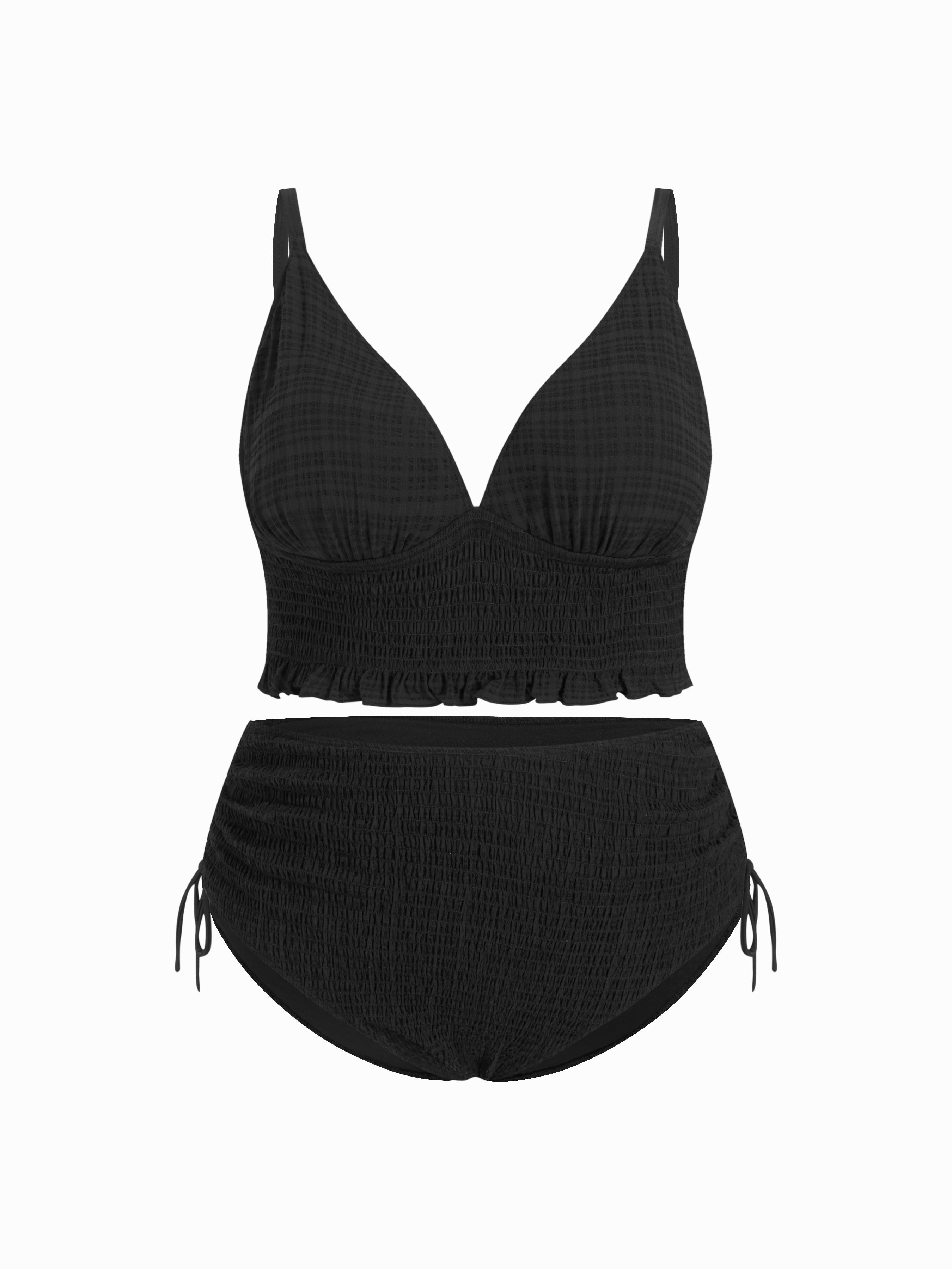 V-neck Tartan Shirred Triangle Drawstring Bikini Set Curve & Plus by CIDER