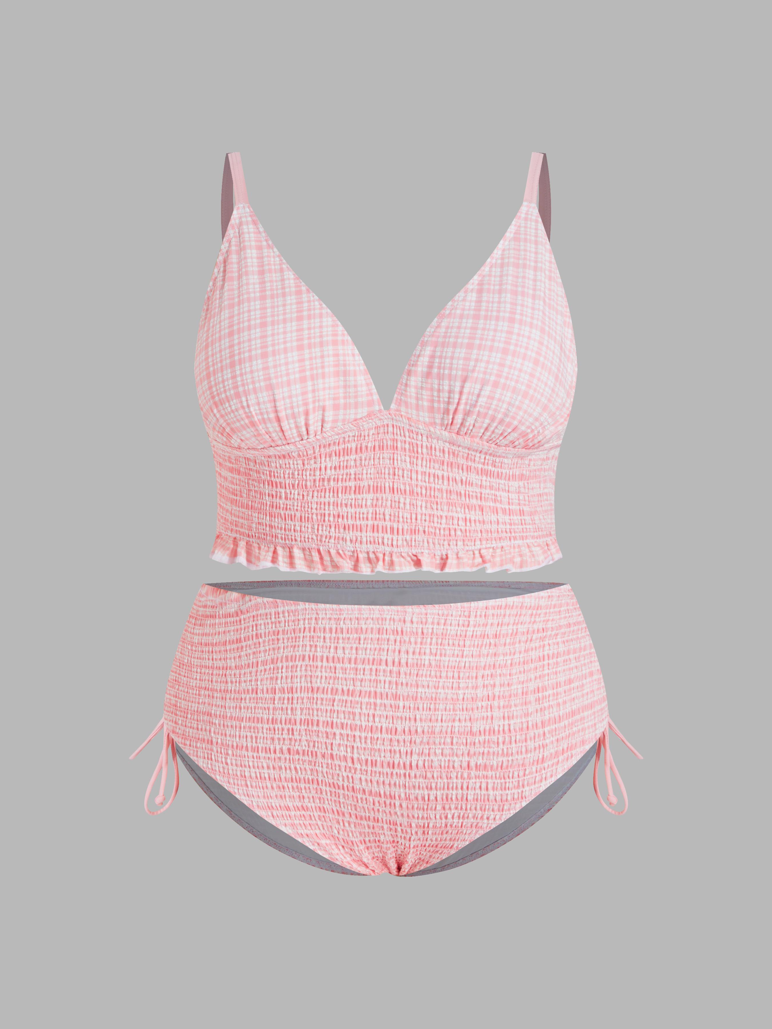 V-neck Tartan Shirred Triangle Drawstring Bikini Set Curve & Plus by CIDER