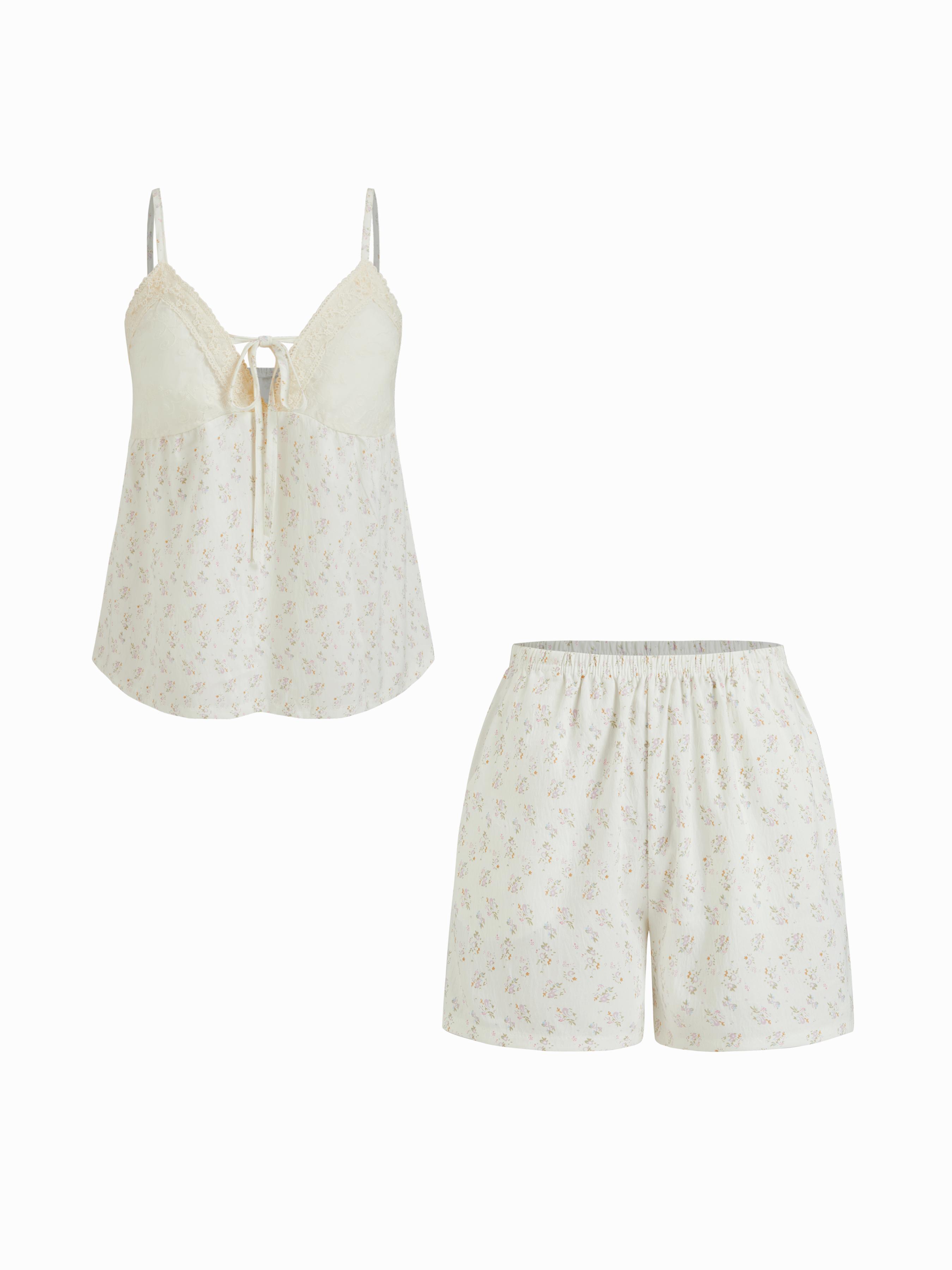 V-neck Tie Front Lace Cami Top & Ditsy Floral Mid Rise Shorts Loungewear Set by CIDER