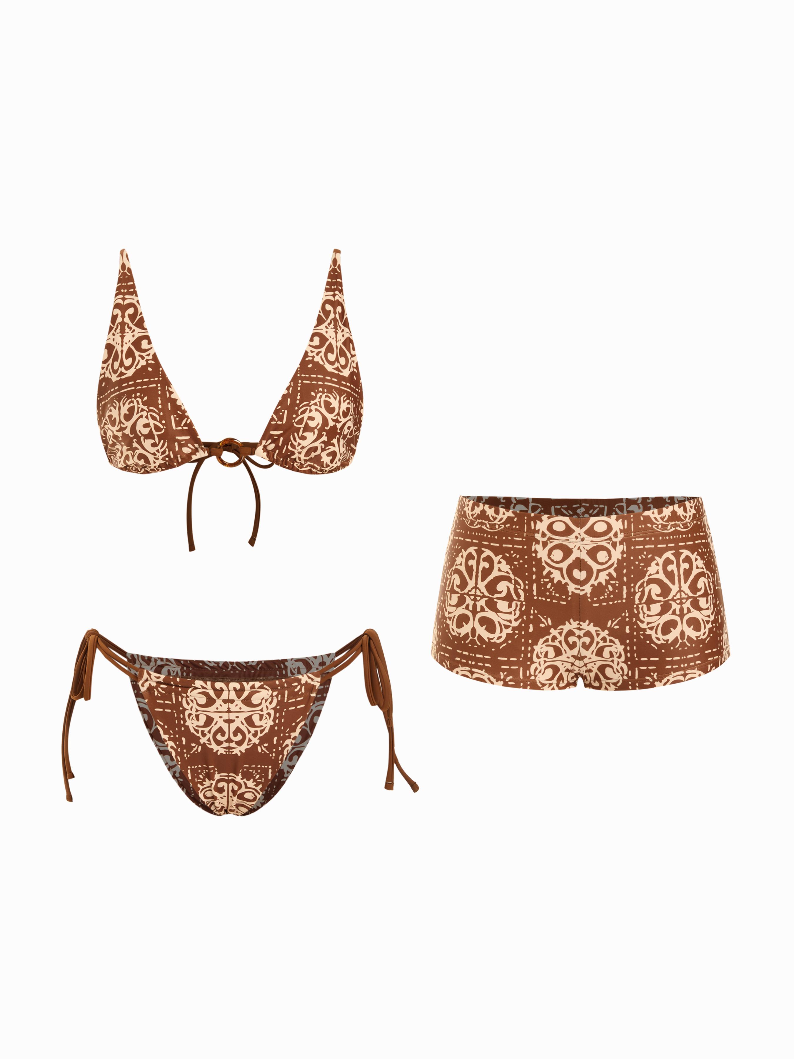 V-neck Tile Print Ring Detail Tie Side Triangle Bikini Set With Cover Up Shorts by CIDER
