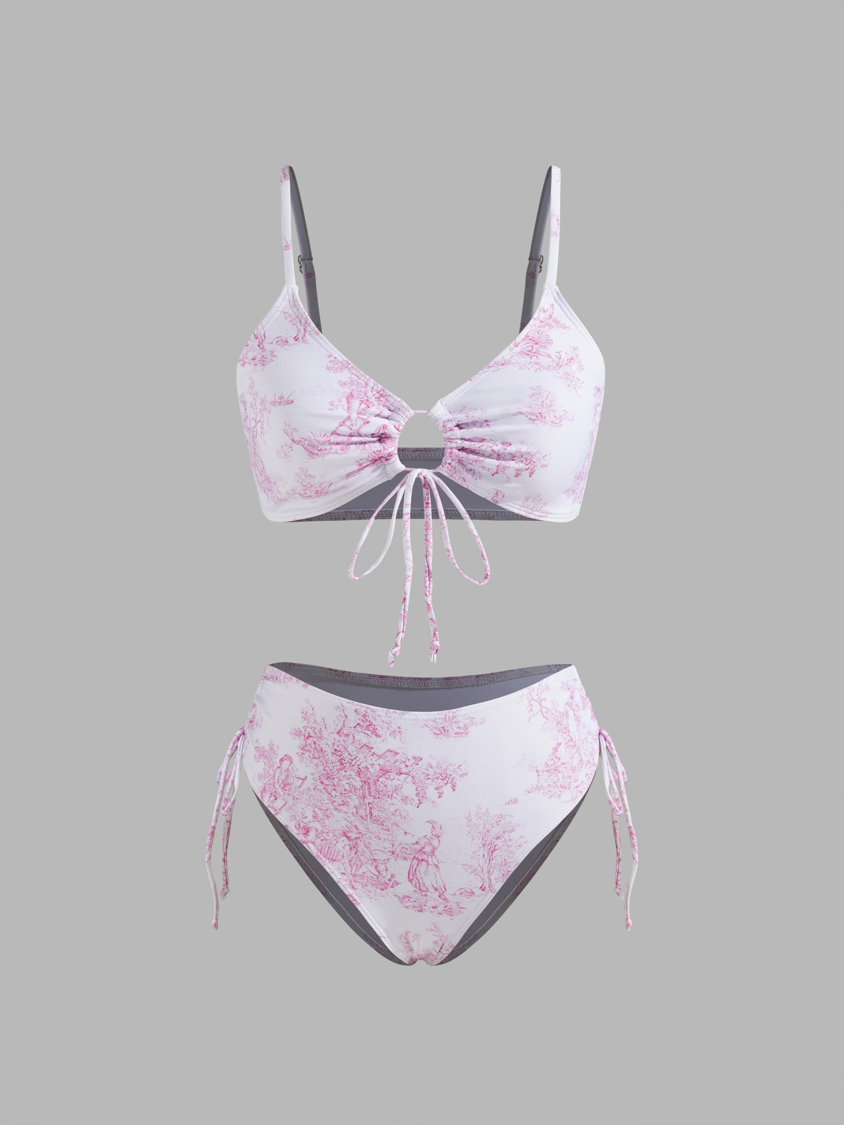 V-neck Toile de Jouy O-Ring Bracelet Cheeky Bikini Swimsuit by CIDER