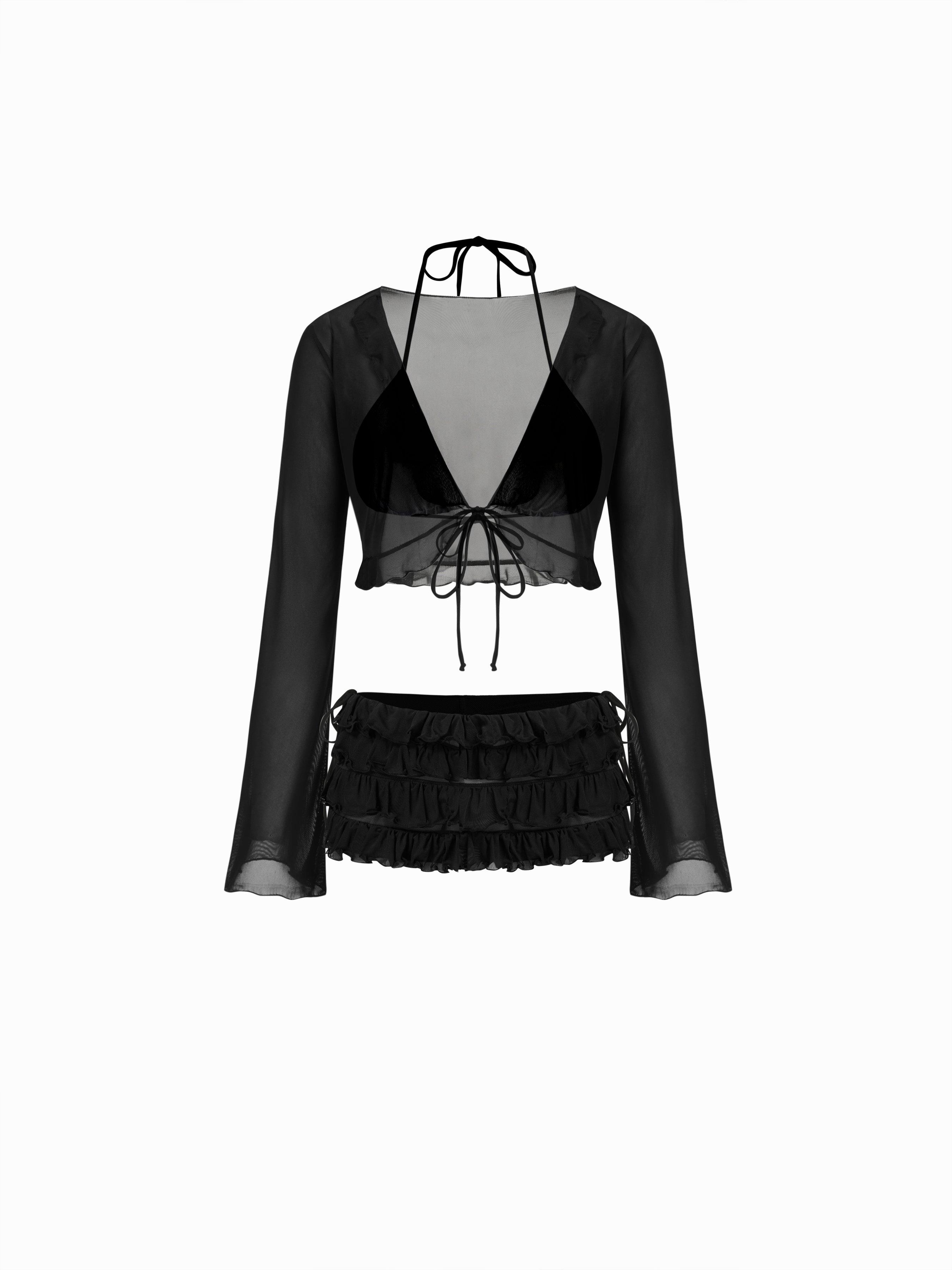 V-neck Triangle Tie Side Bikini Set With Ruffle Trim Cover Top & Layered Ruffle Shorts by CIDER