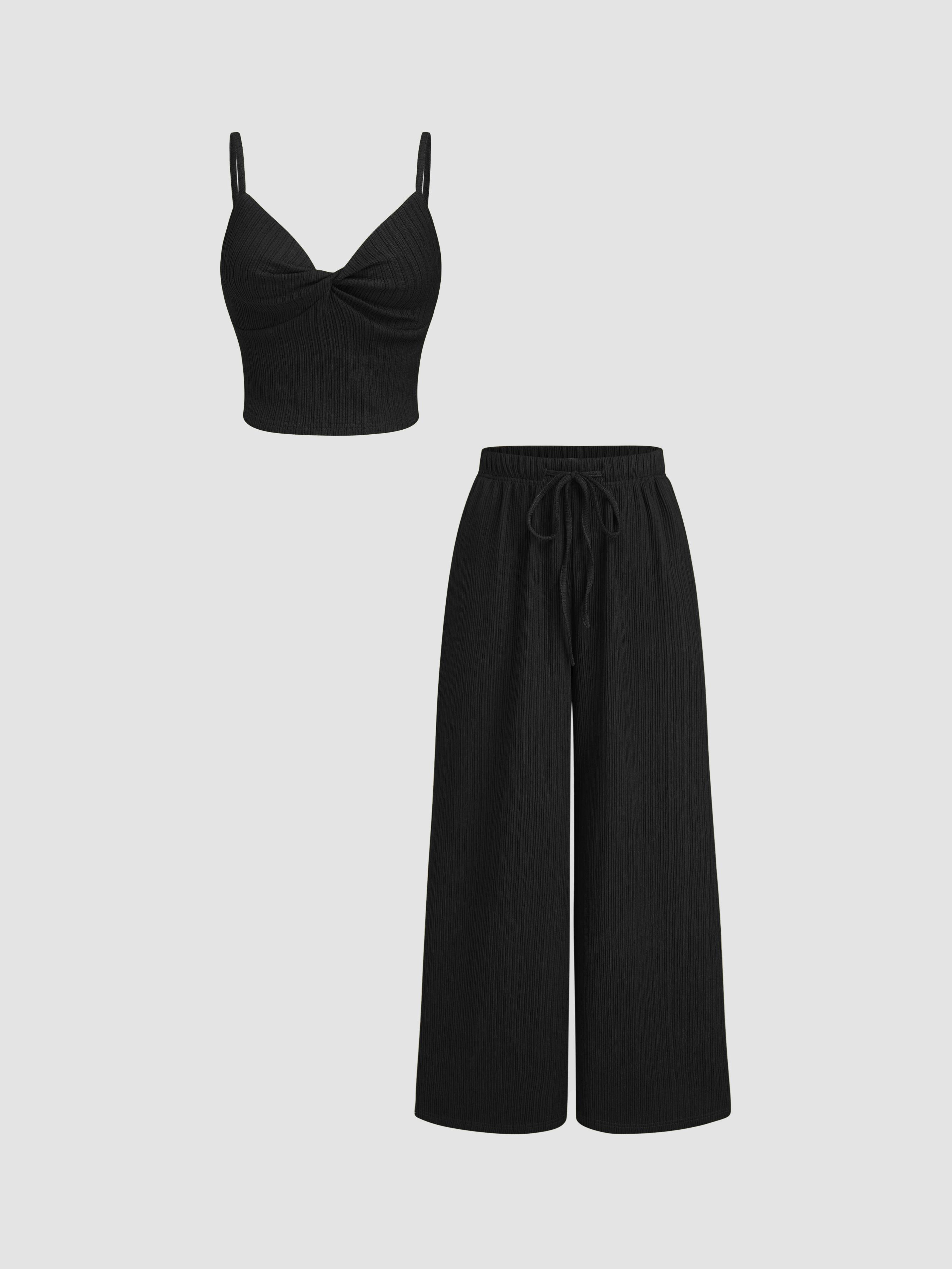 V-neck Twist Cami Top & Mid Rise Drawstring Straight Leg Trousers Set by CIDER