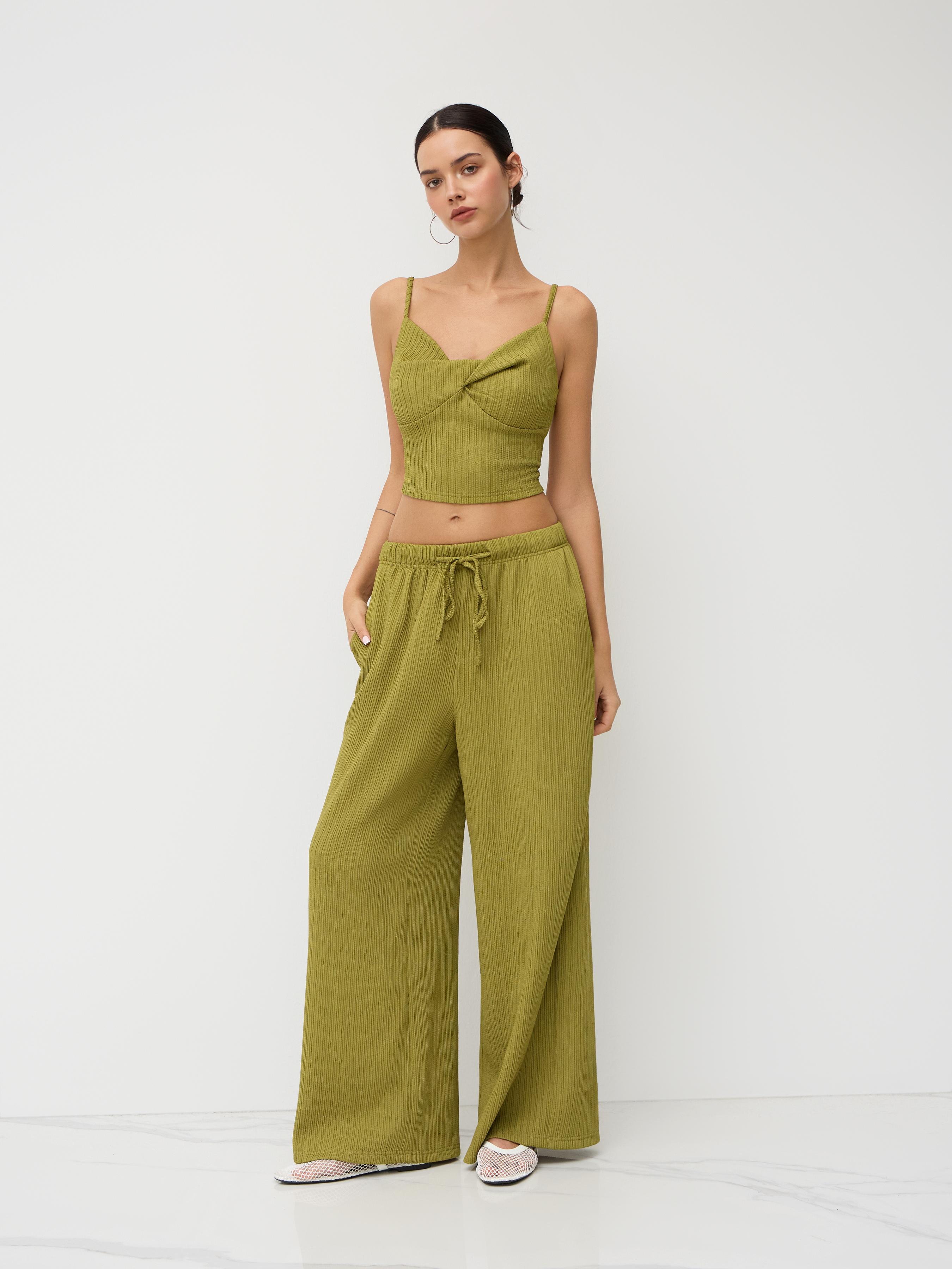 V-neck Twist Cami Top & Mid Rise Drawstring Straight Leg Trousers Set by CIDER