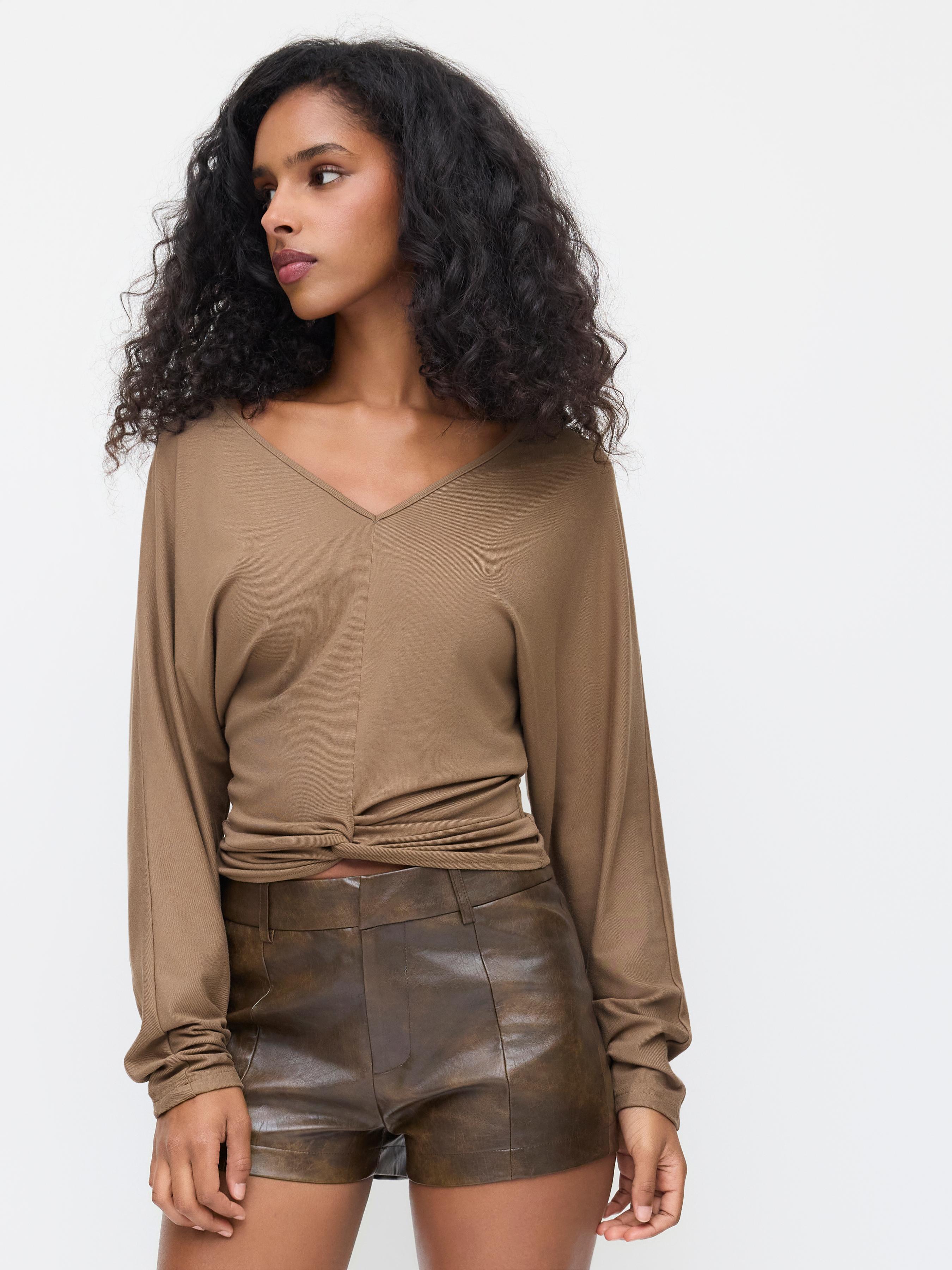 V-neck Twist Ruched Long Sleeve Top by CIDER