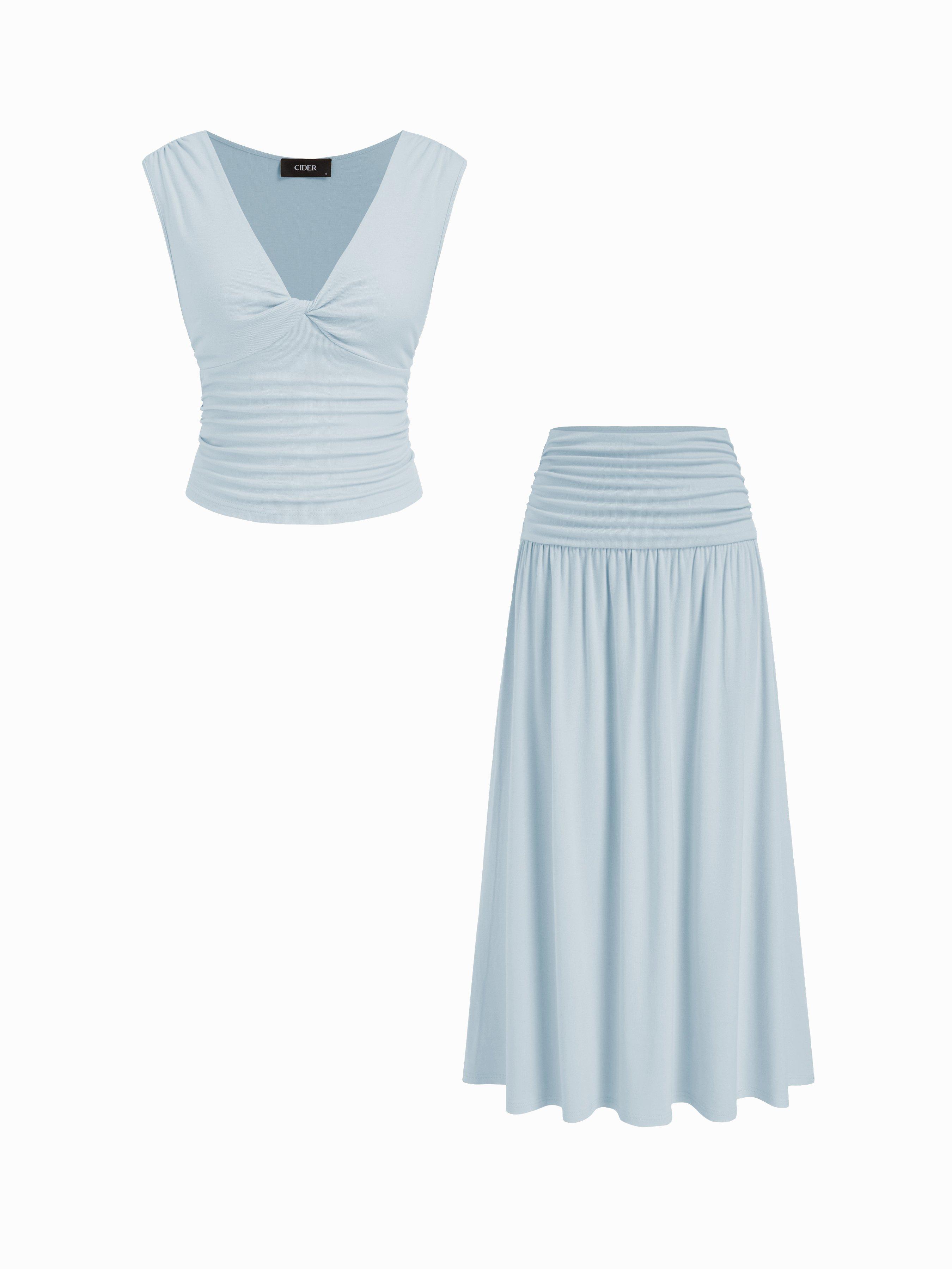 V-neck Twist Ruched Top & Mid Rise Ruched Flared Maxi Skirt Set by CIDER