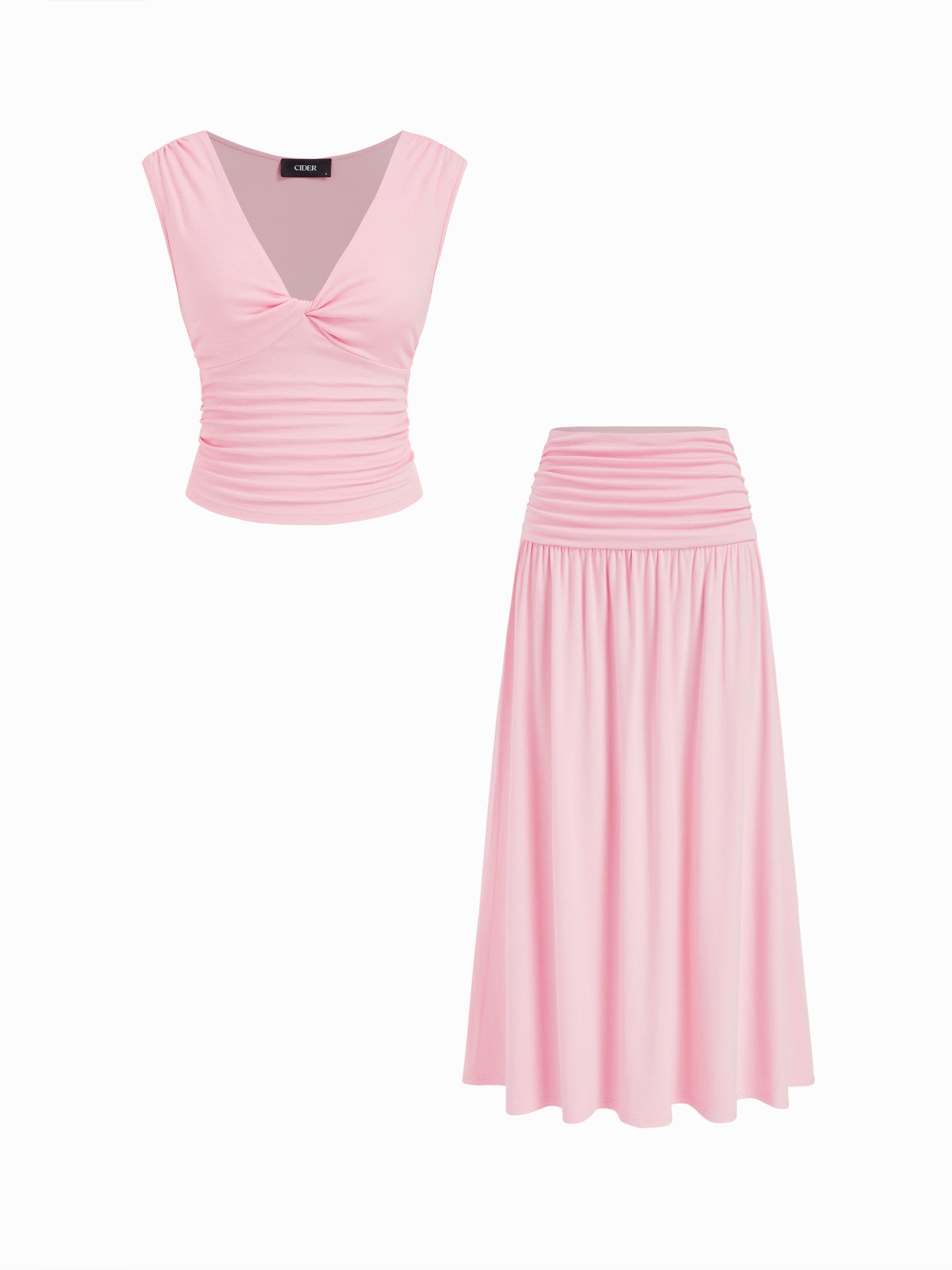 V-neck Twist Ruched Top & Mid Rise Ruched Flared Maxi Skirt Set by CIDER