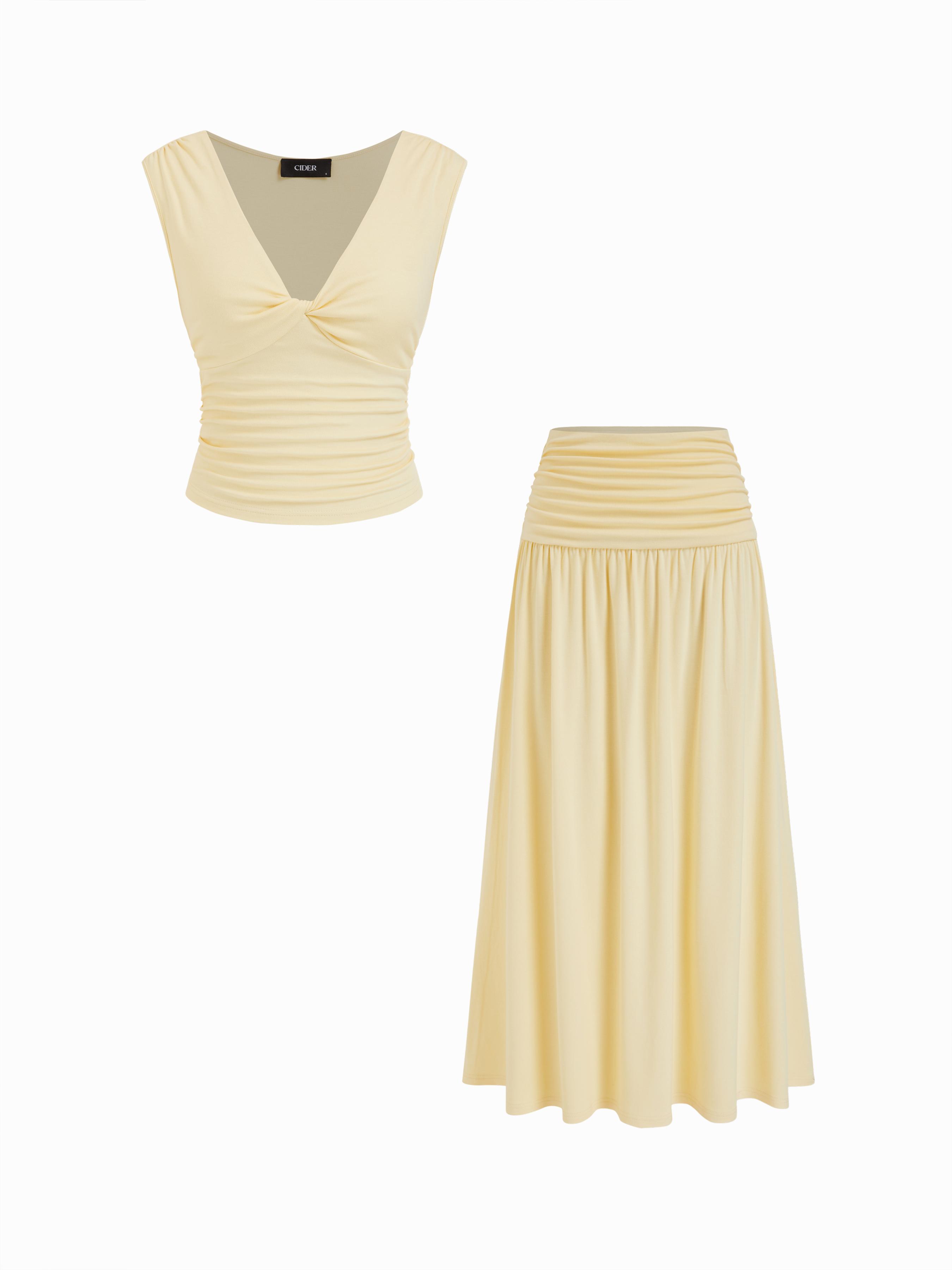 V-neck Twist Ruched Top & Mid Rise Ruched Flared Maxi Skirt Set by CIDER