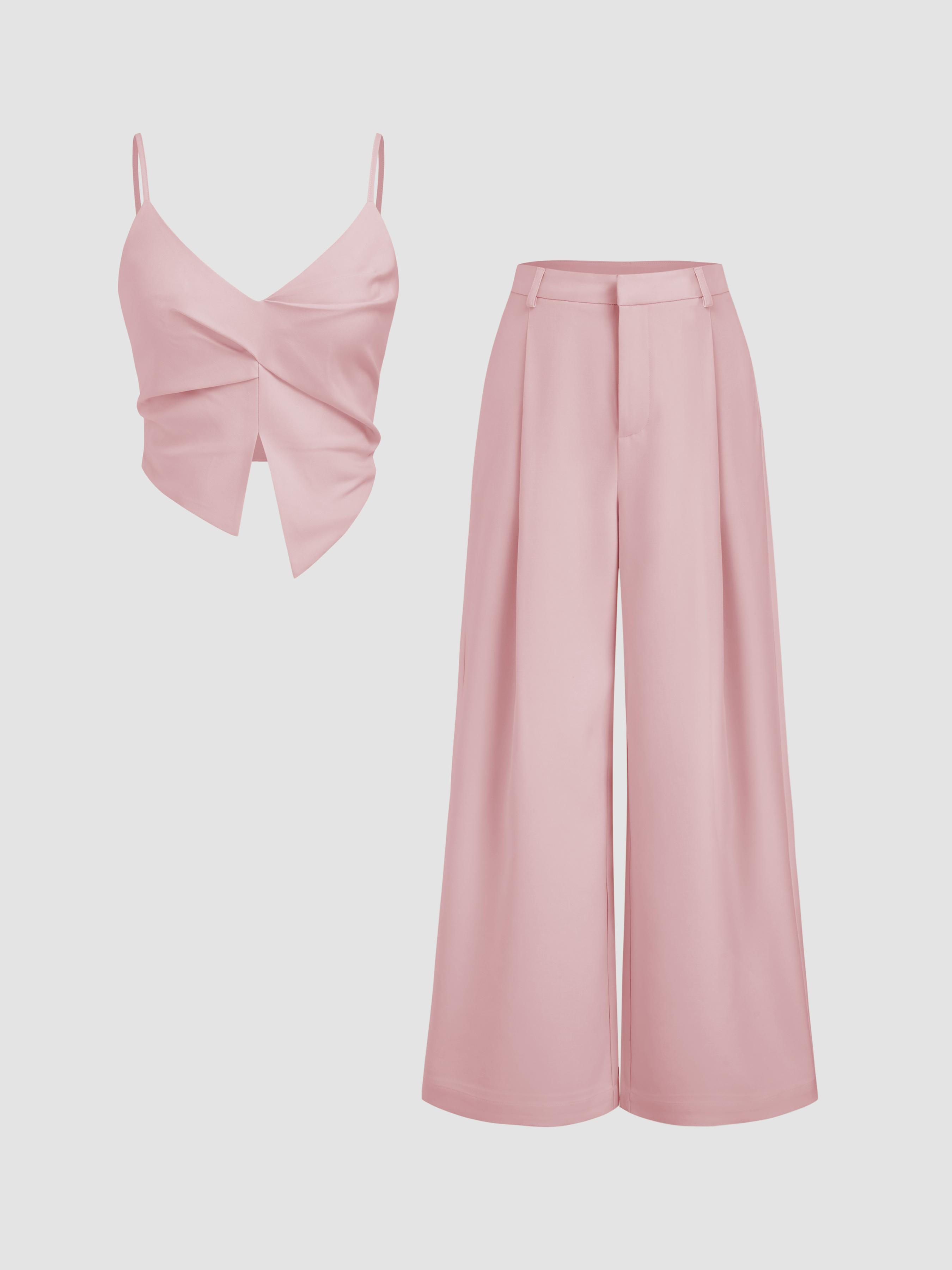 V-neck Twist Split Crop Cami Top & Mid Rise Wide Leg Trousers by CIDER