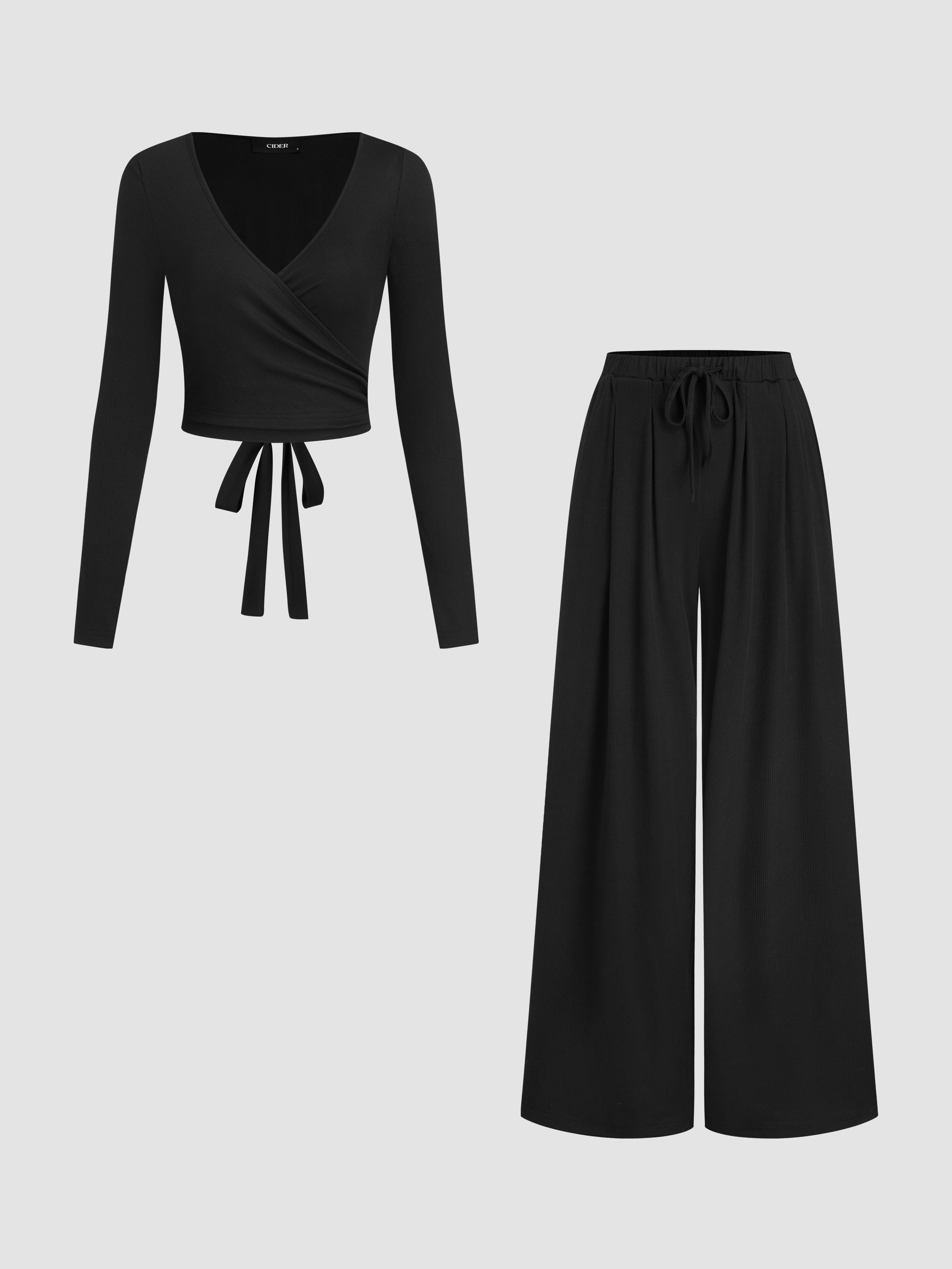 V-neck Wrap Knotted Long Sleeve Top & Mid Rise Straight Leg Trousers Set by CIDER