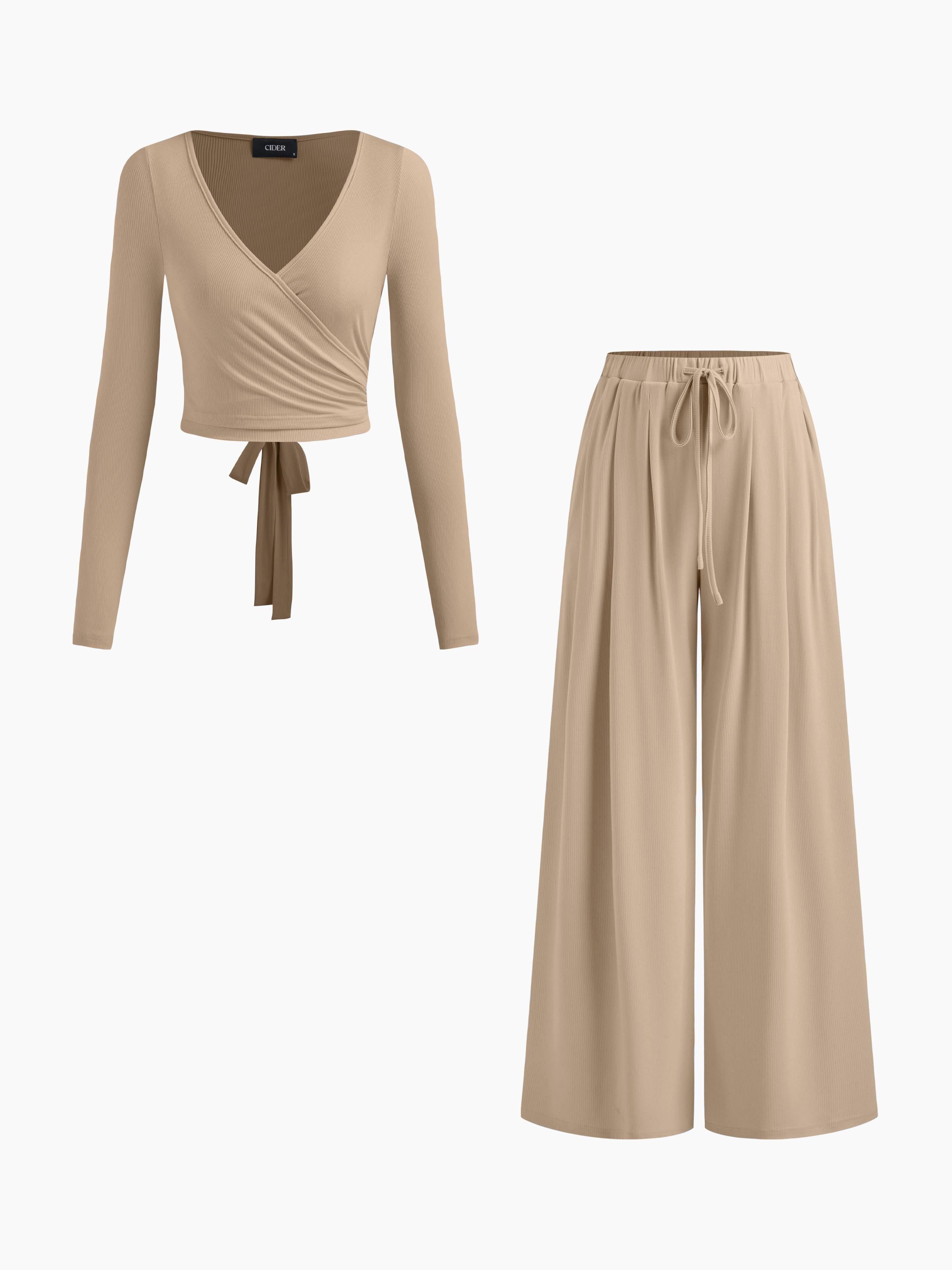V-neck Wrap Knotted Long Sleeve Top & Mid Rise Straight Leg Trousers Set by CIDER