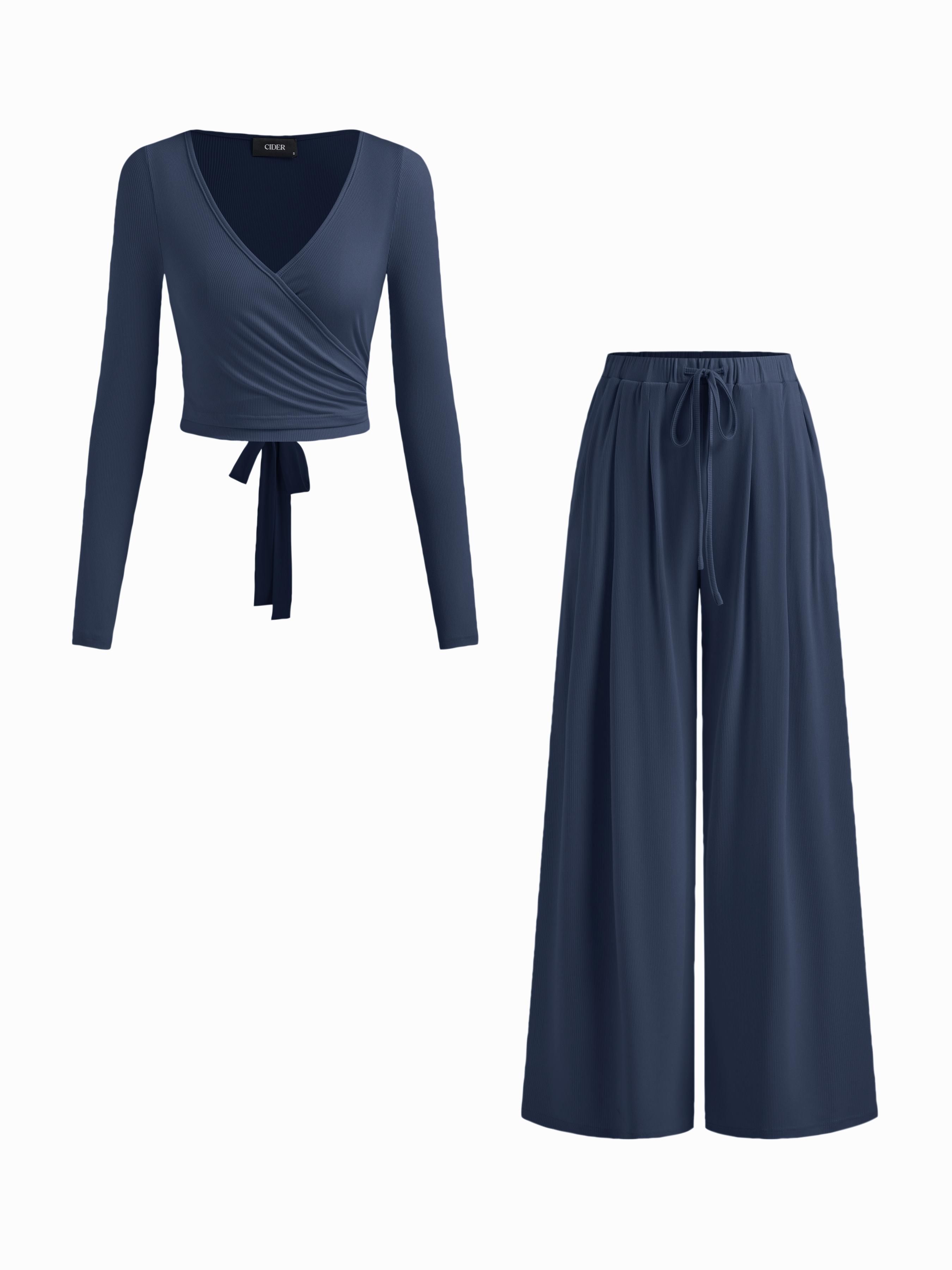 V-neck Wrap Knotted Long Sleeve Top & Mid Rise Straight Leg Trousers Set by CIDER