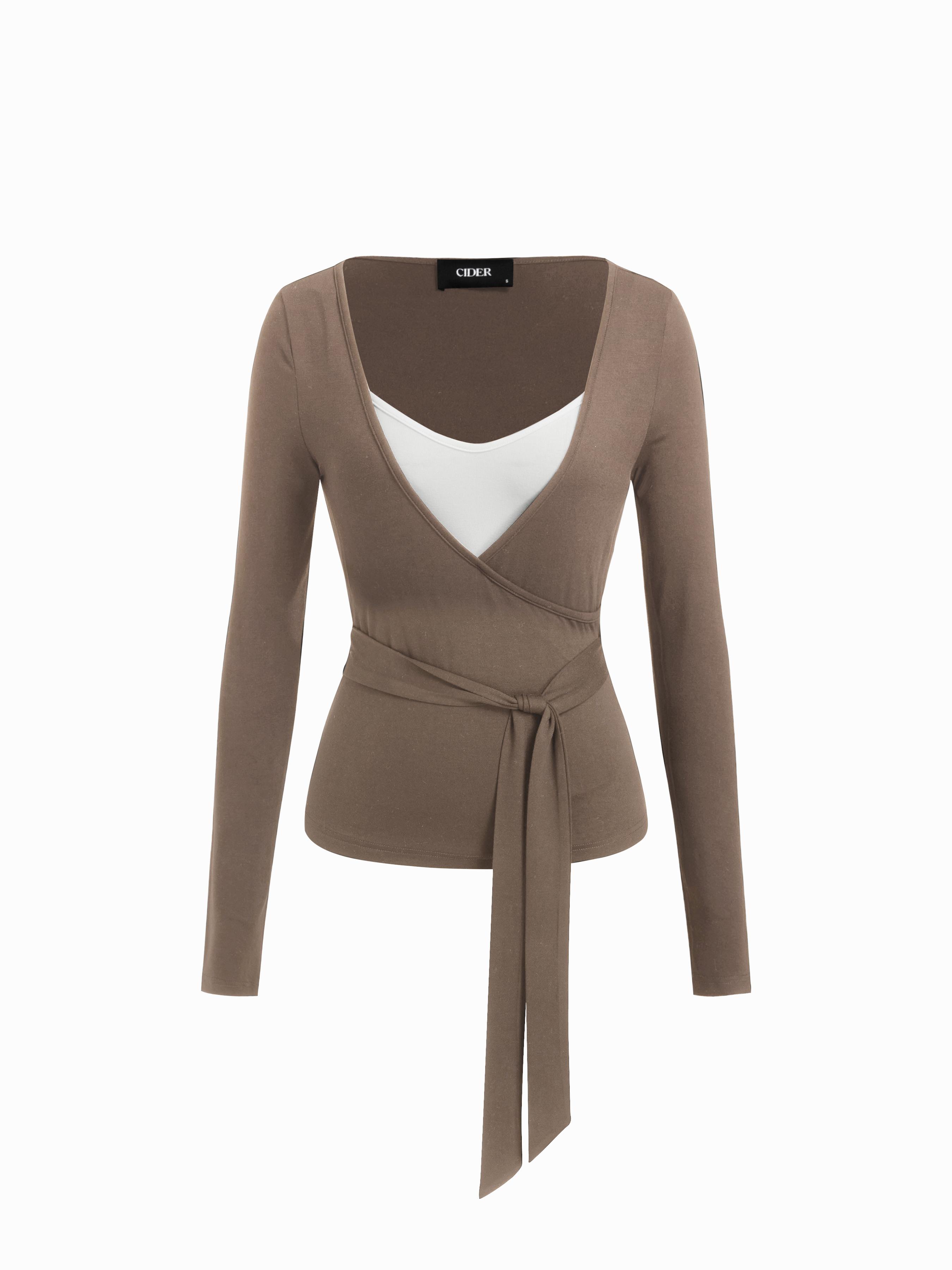 V-neck Wrap Tie Front Long Sleeve Top & Cami Top by CIDER