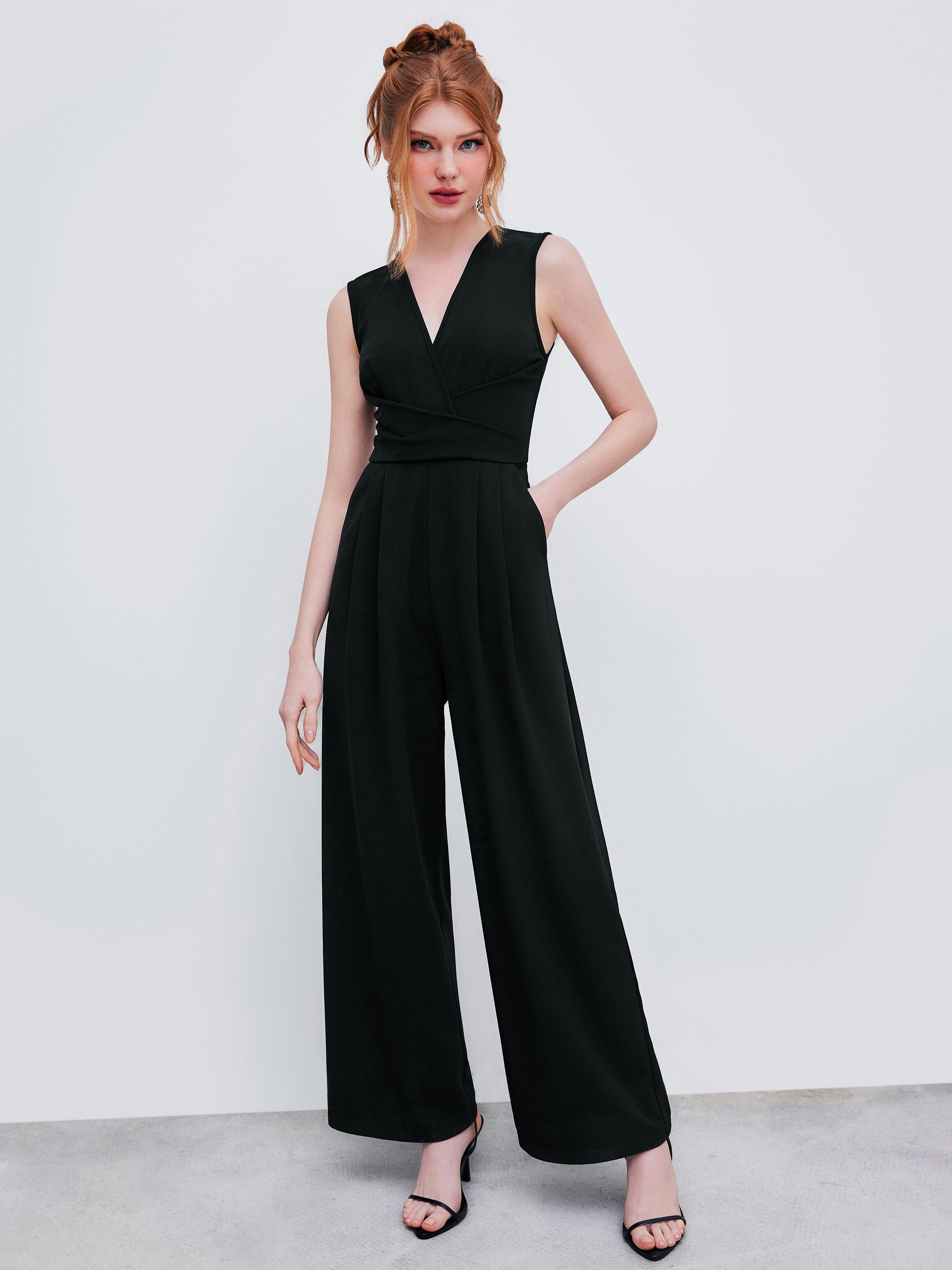V-neck Wrap Zipper Wide Leg Jumpsuit by CIDER