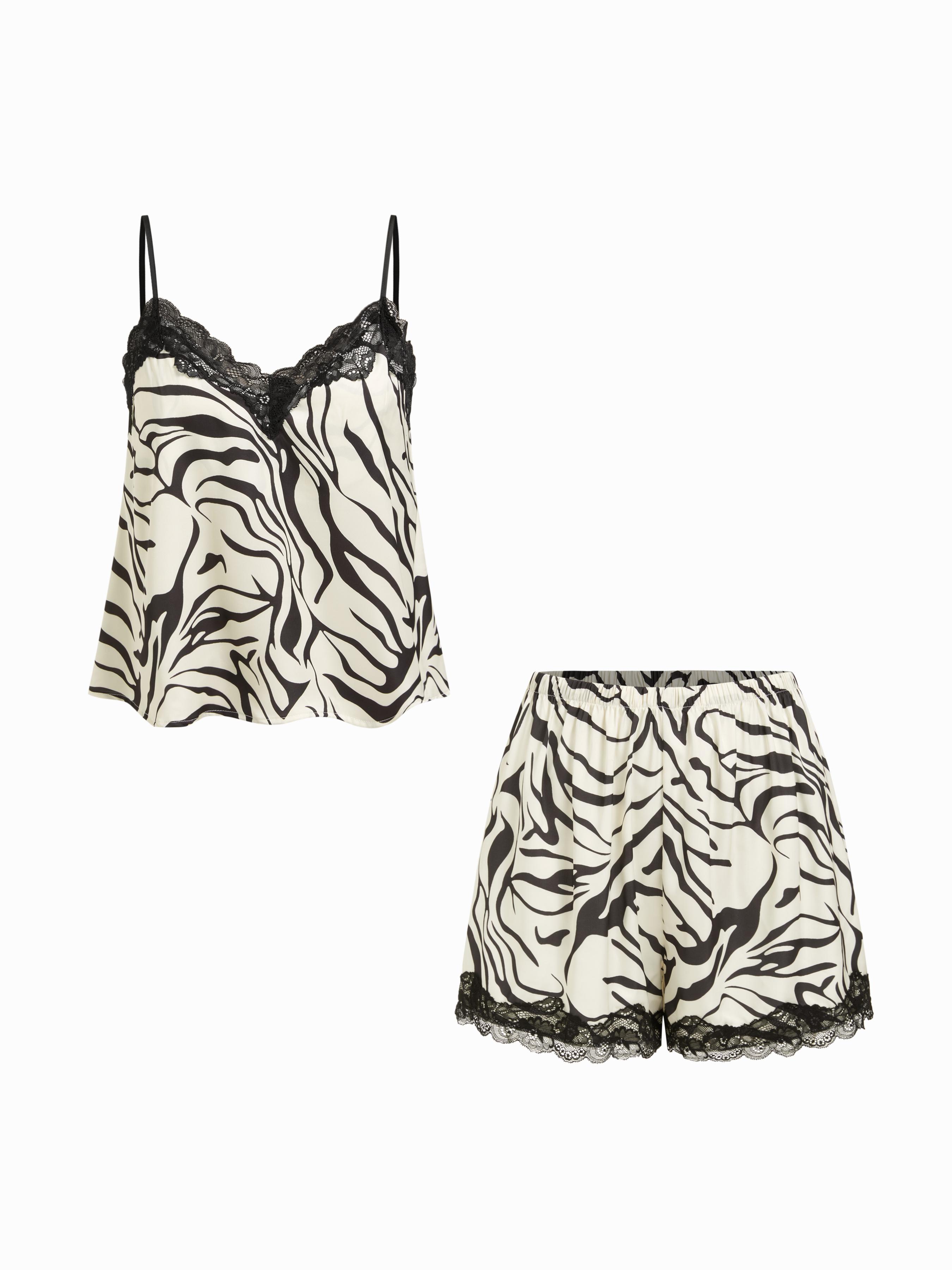 V-neck Zebra Striped Oversized Cami Top & Mid Rise Lace Wide Leg Shorts Loungewear Set by CIDER