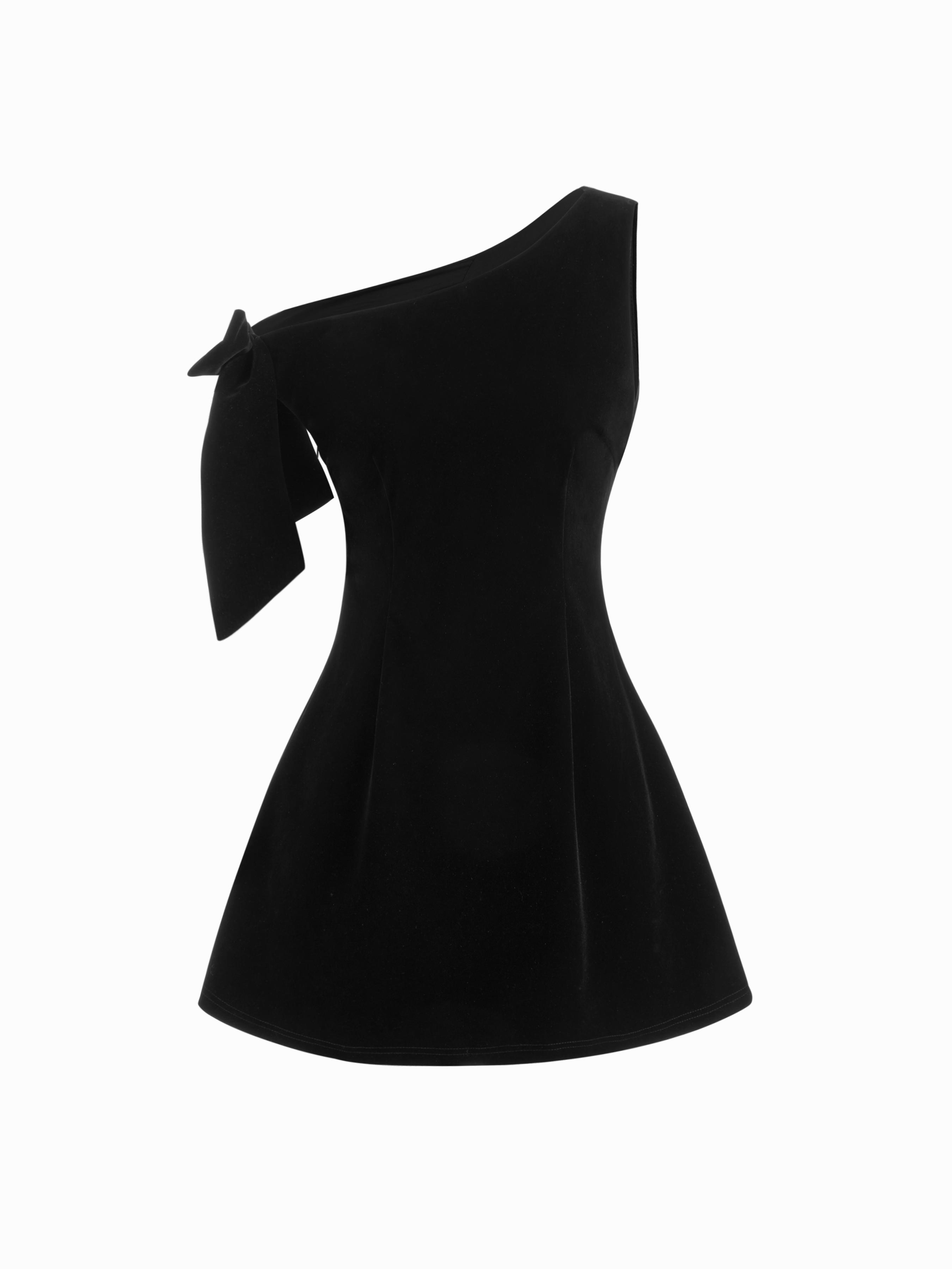 Velvet Asymmetrical Neck Bowknot Mini Dress by CIDER
