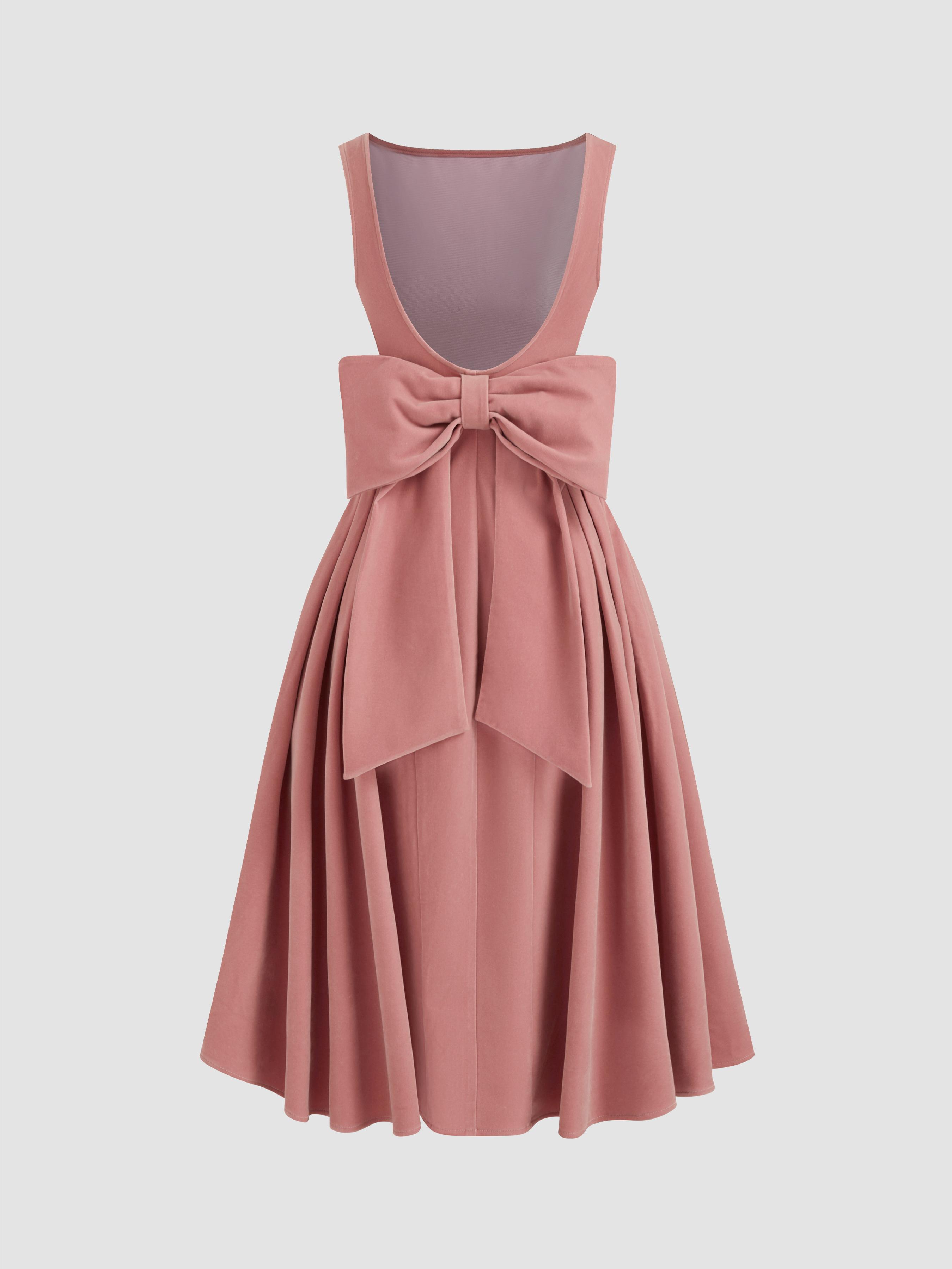 Velvet Boat Neck Bowknot Backless Midi Dress by CIDER
